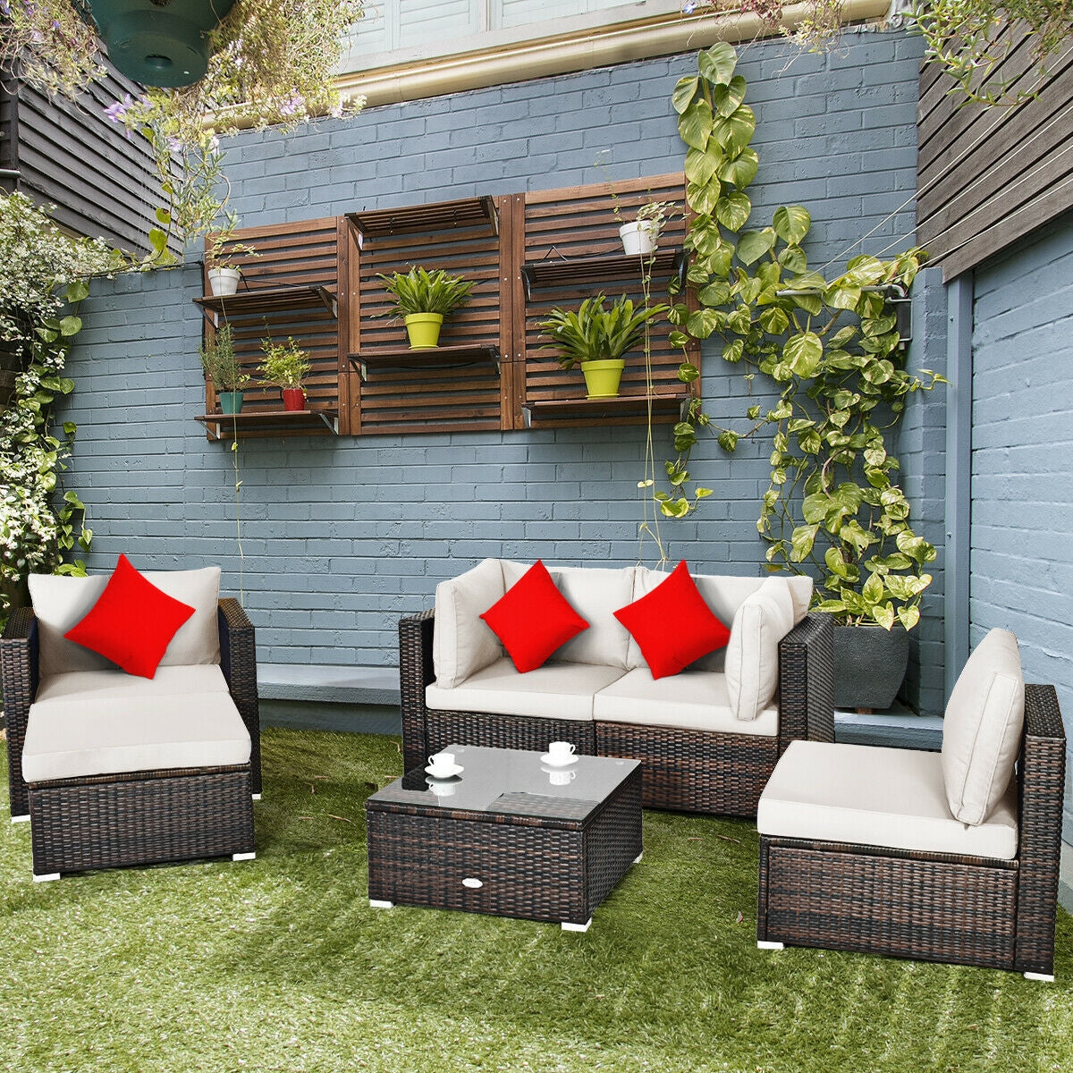 6 Pieces Patio Rattan Furniture Set with Sectional Cushion, White Outdoor Sectionals   at Gallery Canada