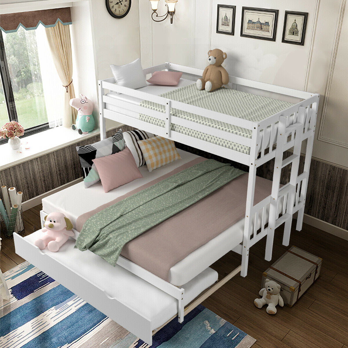Twin Pull-Out Bunk Bed with Trundle Wooden Ladder, White Bunk Bed Frame at Gallery Canada