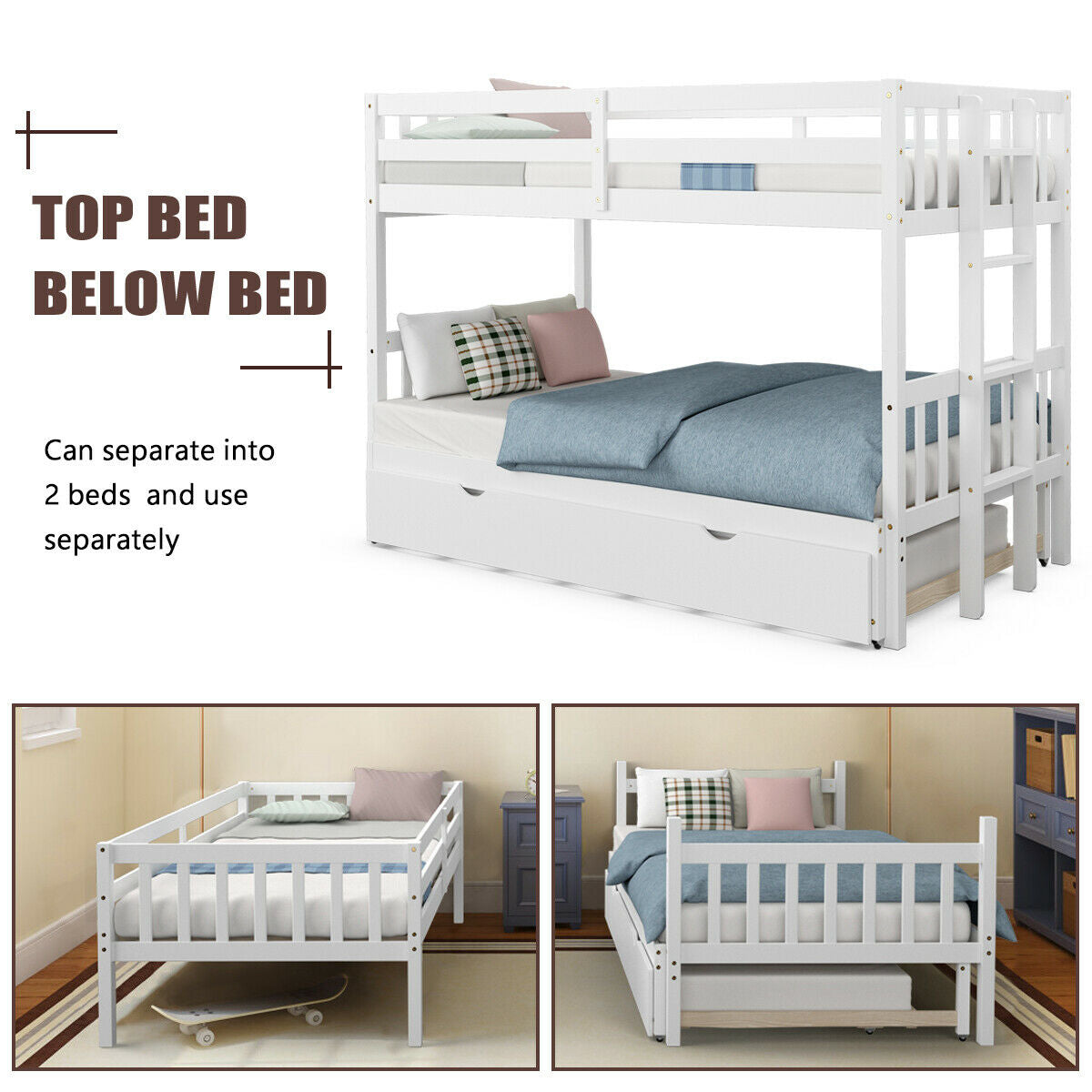 Twin Pull-Out Bunk Bed with Trundle Wooden Ladder, White Bunk Bed Frame at Gallery Canada