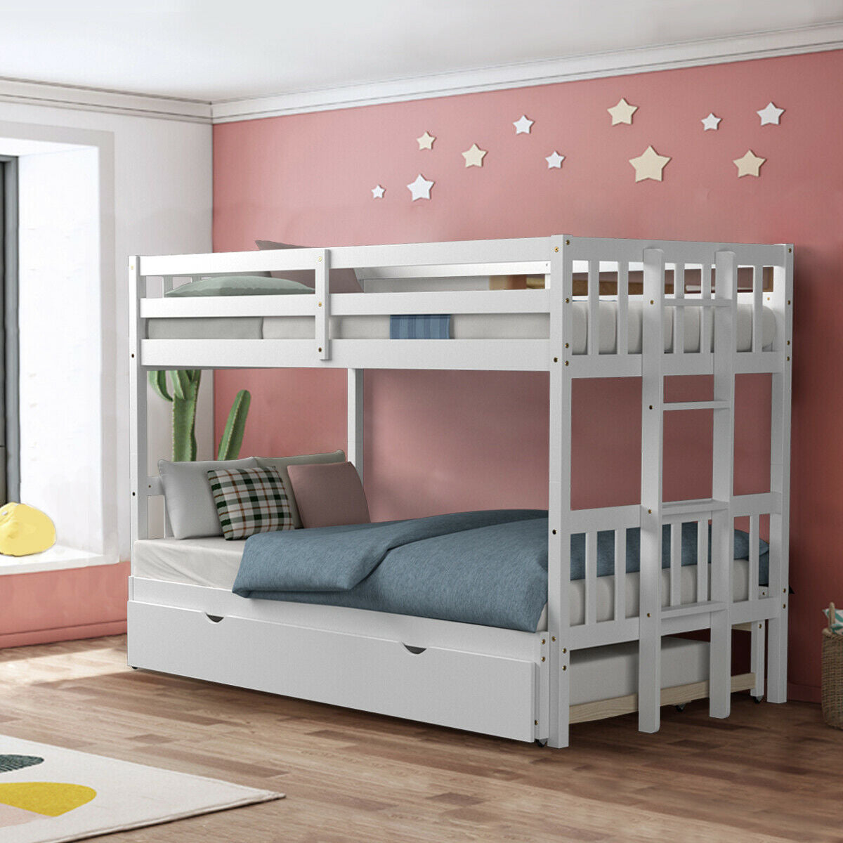 Twin Pull-Out Bunk Bed with Trundle Wooden Ladder, White Bunk Bed Frame at Gallery Canada