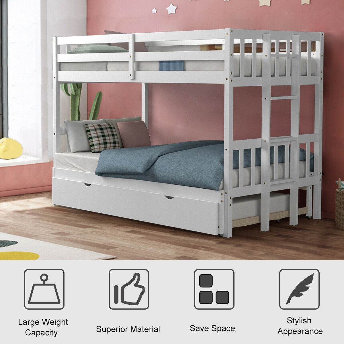 Twin Pull-Out Bunk Bed with Trundle Wooden Ladder, White Bunk Bed Frame at Gallery Canada