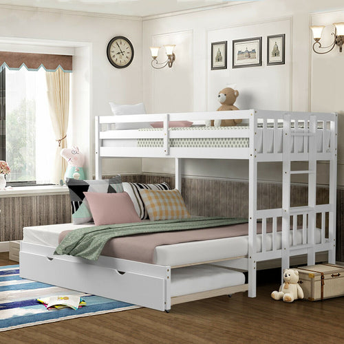 Twin Pull-Out Bunk Bed with Trundle Wooden Ladder, White