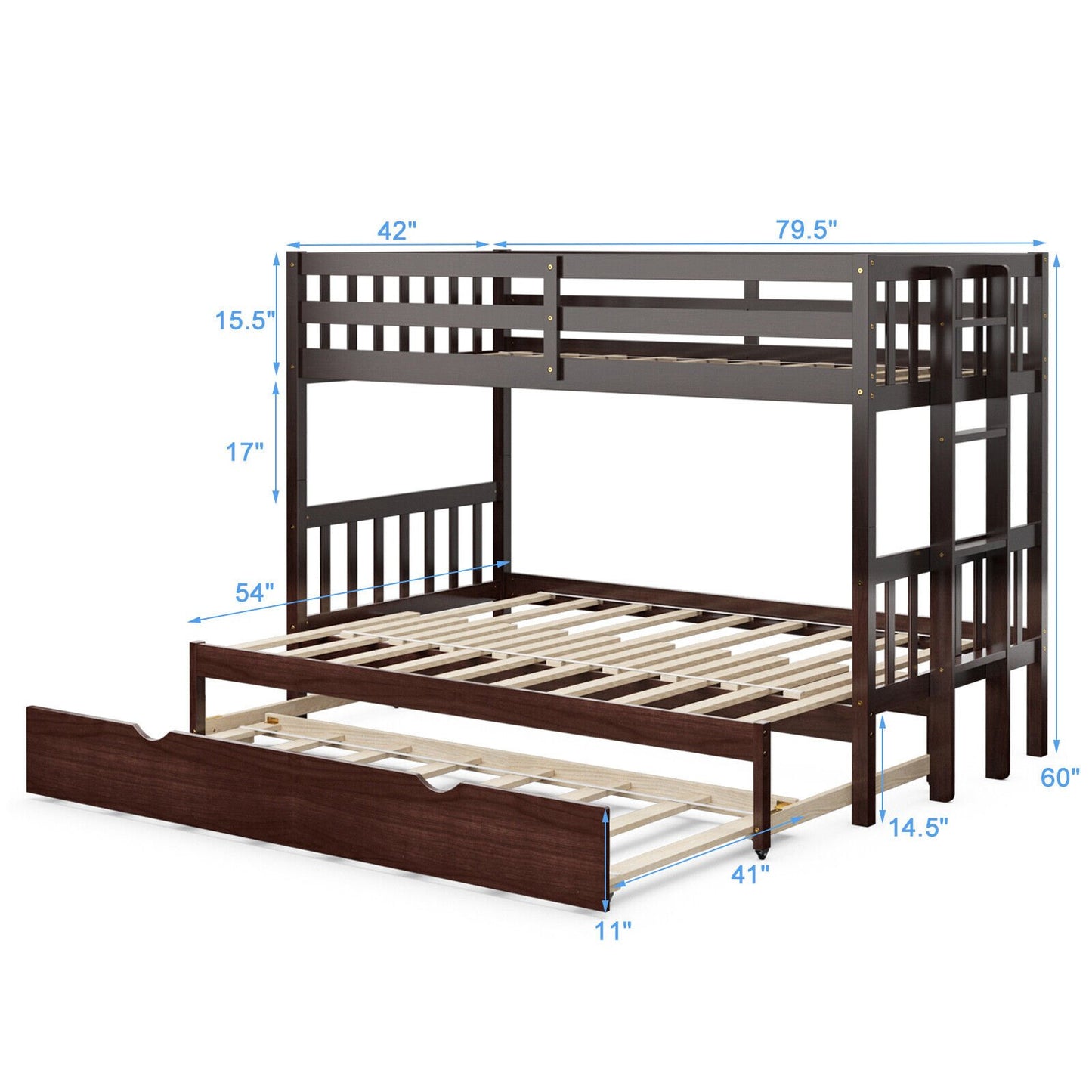 Twin Pull-Out Bunk Bed with Trundle Wooden Ladder, Dark Brown - Gallery Canada