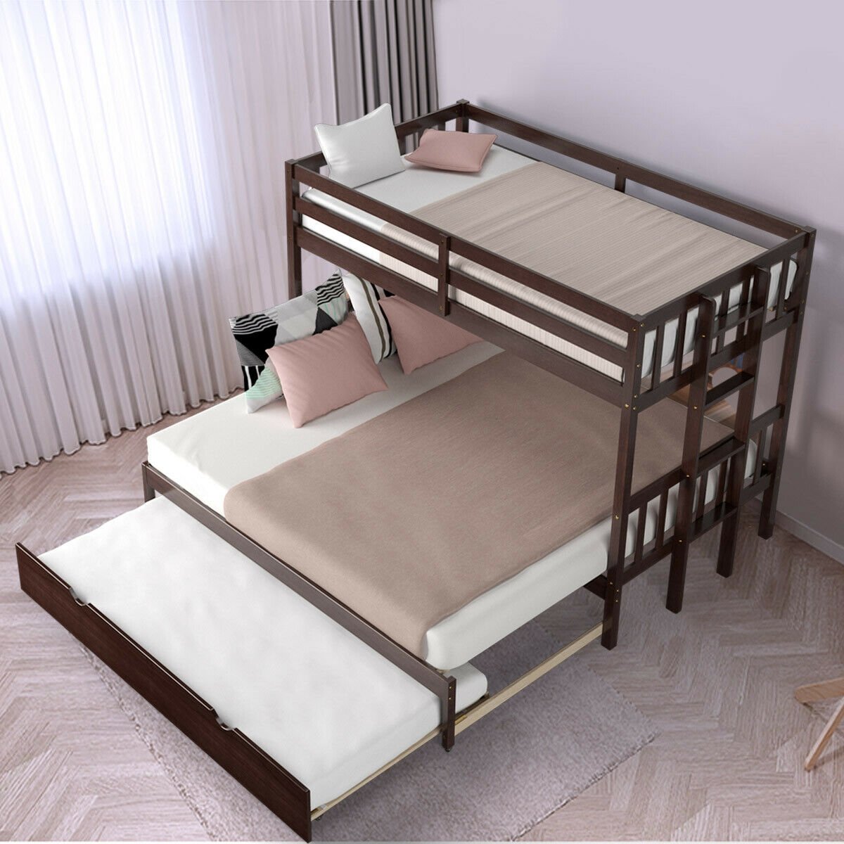 Twin Pull-Out Bunk Bed with Trundle Wooden Ladder, Dark Brown Bunk Bed Frame   at Gallery Canada