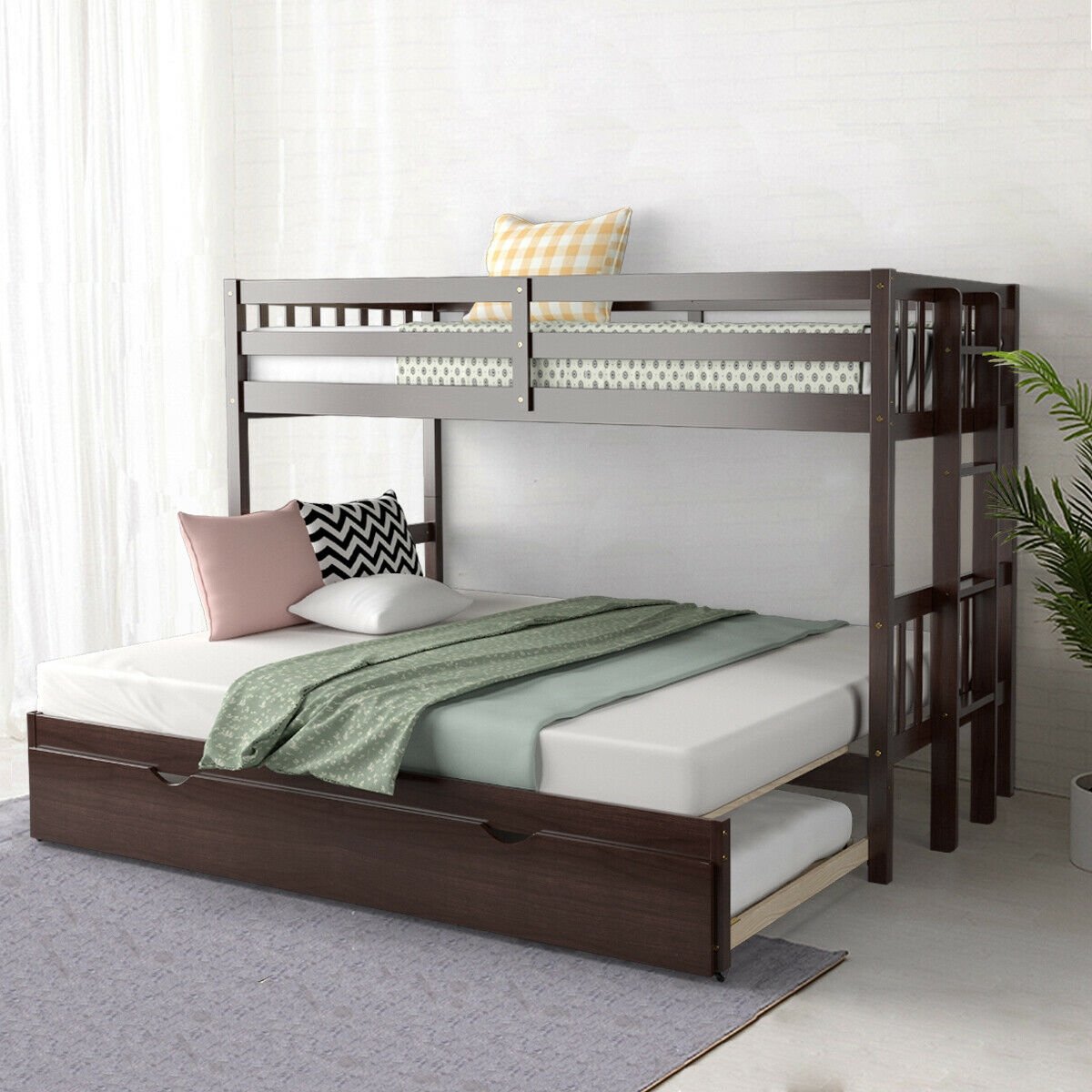 Twin Pull-Out Bunk Bed with Trundle Wooden Ladder, Dark Brown Bunk Bed Frame   at Gallery Canada