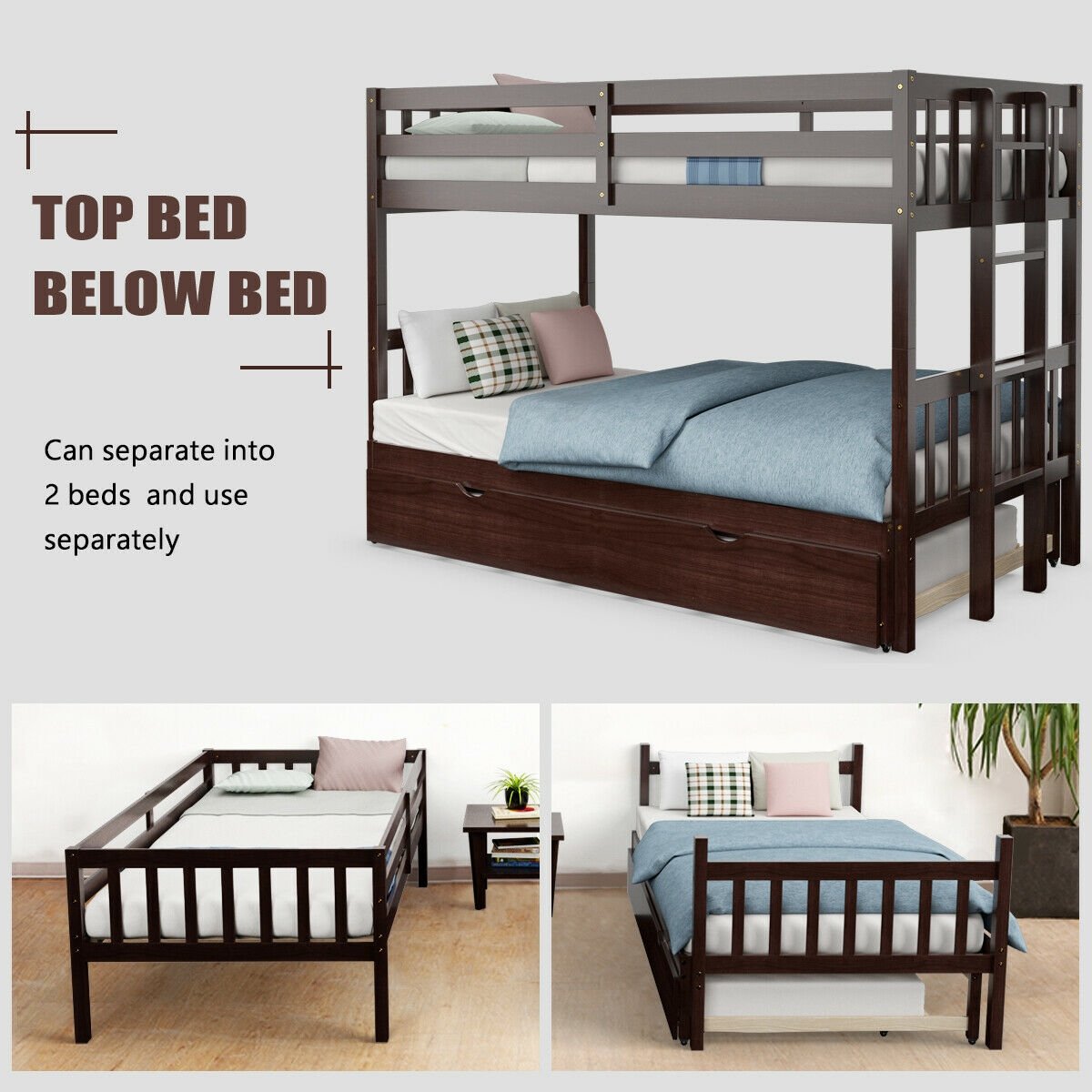 Twin Pull-Out Bunk Bed with Trundle Wooden Ladder, Dark Brown Bunk Bed Frame   at Gallery Canada