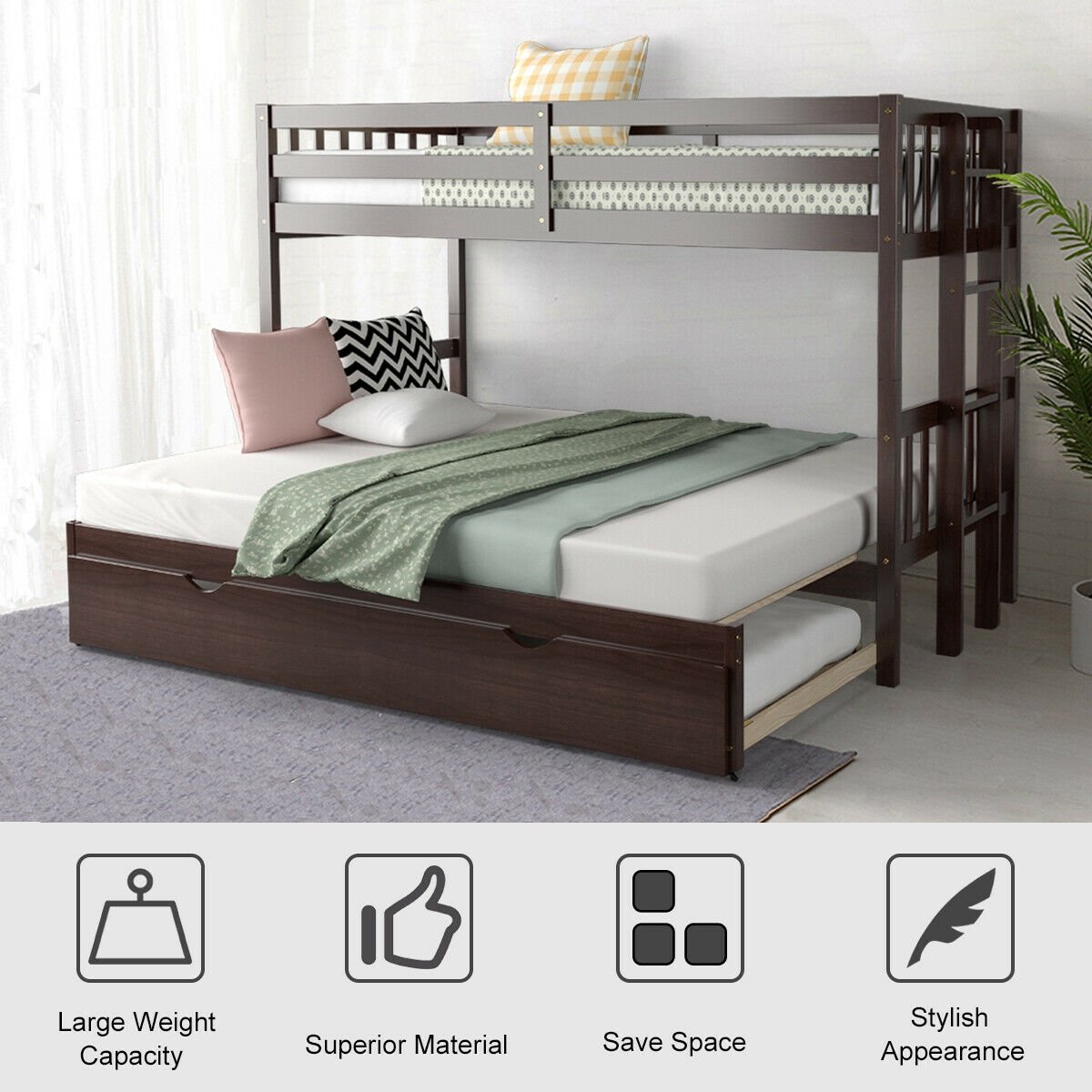 Twin Pull-Out Bunk Bed with Trundle Wooden Ladder, Dark Brown Bunk Bed Frame   at Gallery Canada