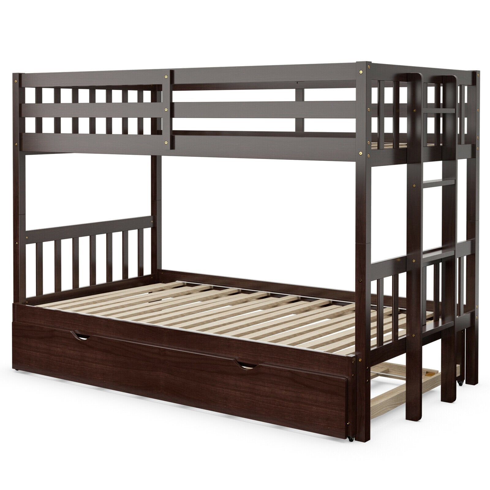 Twin Pull-Out Bunk Bed with Trundle Wooden Ladder, Dark Brown Bunk Bed Frame   at Gallery Canada