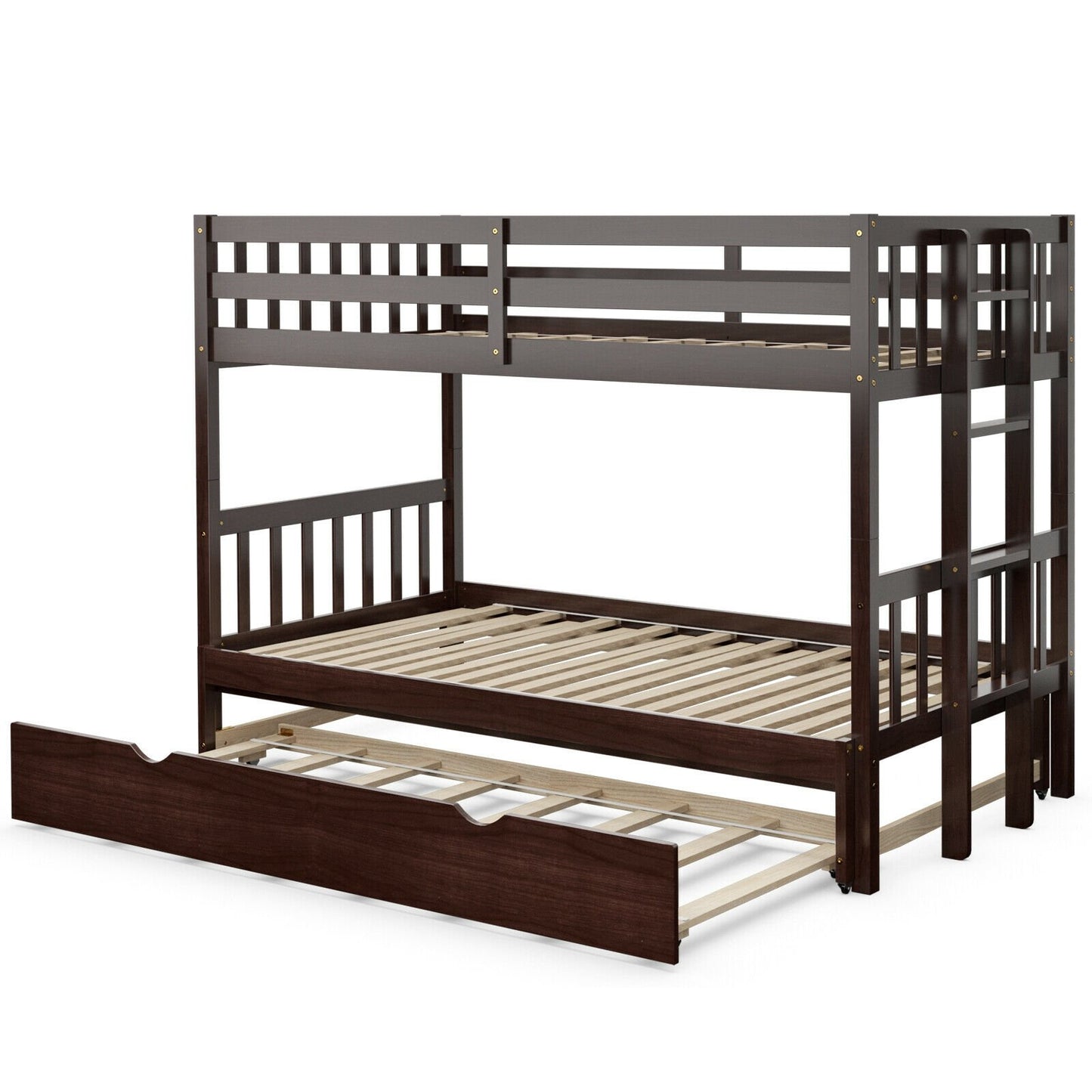 Twin Pull-Out Bunk Bed with Trundle Wooden Ladder, Dark Brown - Gallery Canada