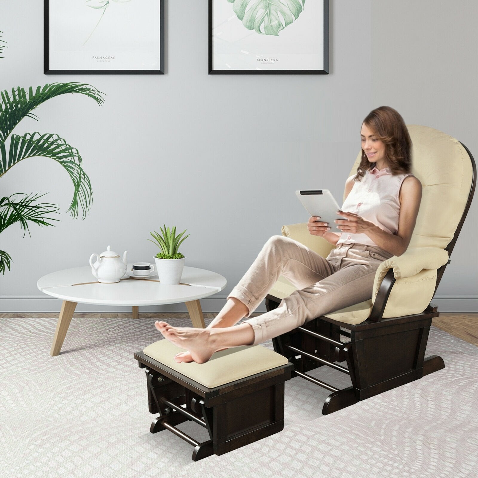 Wood Baby Glider and Ottoman Cushion Set with Padded Armrests for Nursing, Beige Recliners   at Gallery Canada