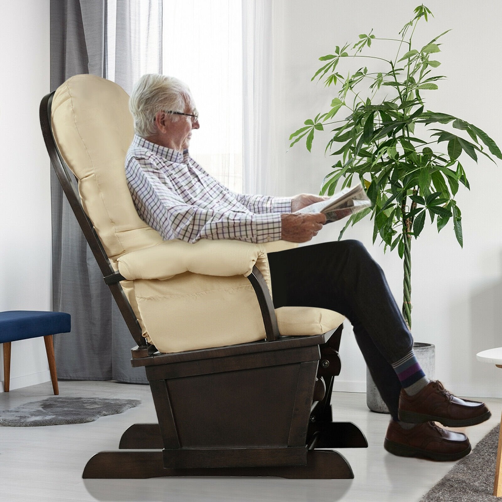 Wood Baby Glider and Ottoman Cushion Set with Padded Armrests for Nursing, Beige Recliners   at Gallery Canada