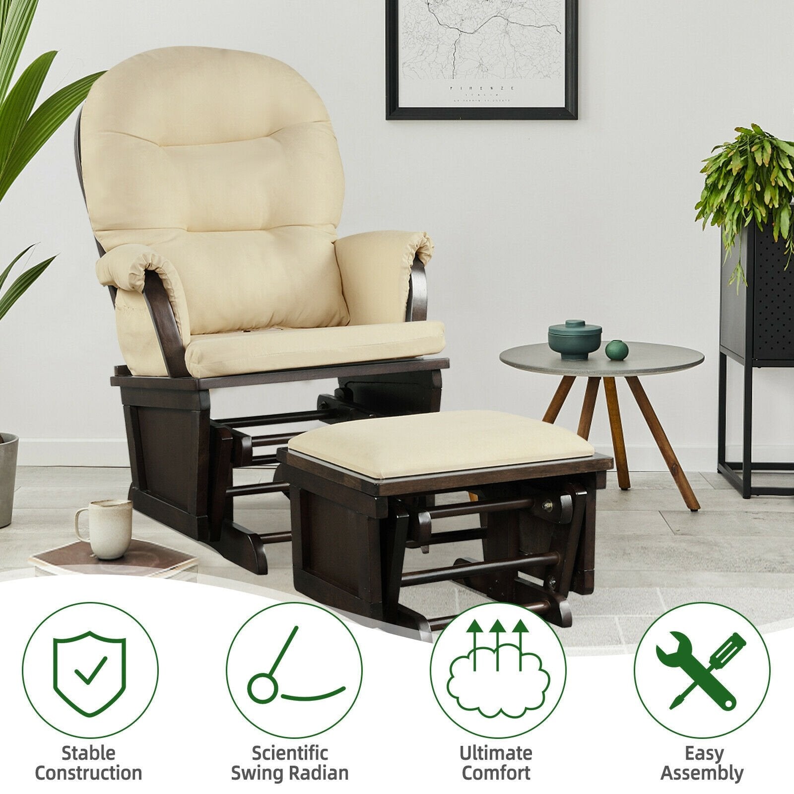 Wood Baby Glider and Ottoman Cushion Set with Padded Armrests for Nursing, Beige Recliners   at Gallery Canada