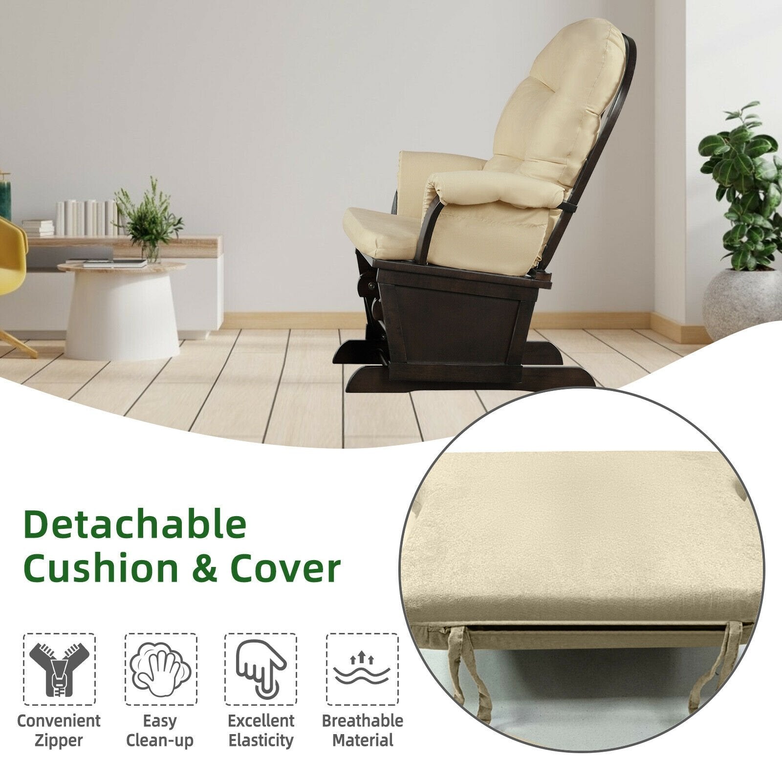 Wood Baby Glider and Ottoman Cushion Set with Padded Armrests for Nursing, Beige Recliners   at Gallery Canada