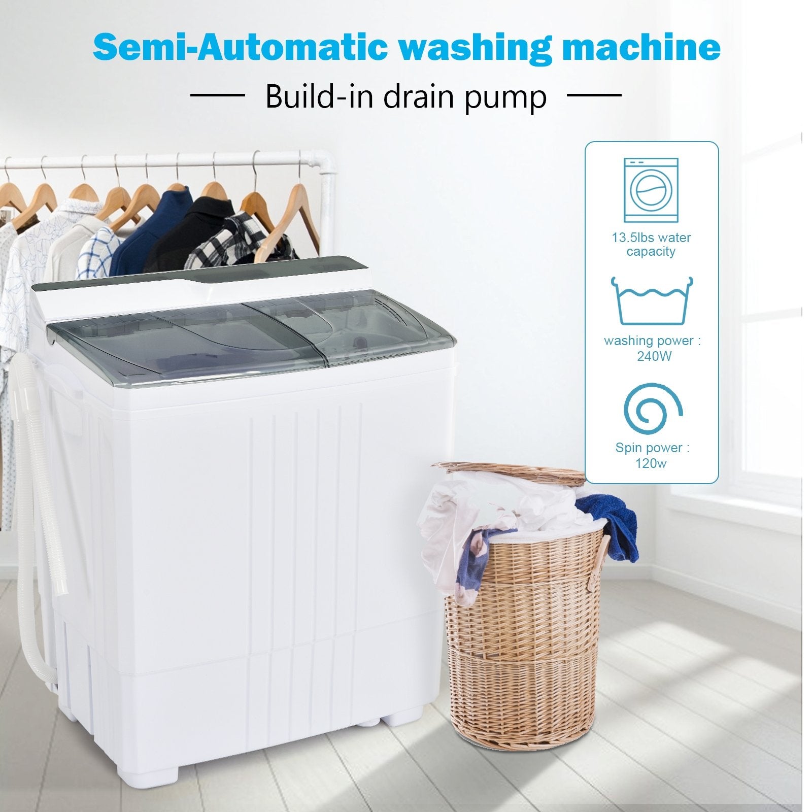 Twin Tub Portable Washing Machine with Timer Control and Drain Pump for Apartment, Gray Washing Machines   at Gallery Canada