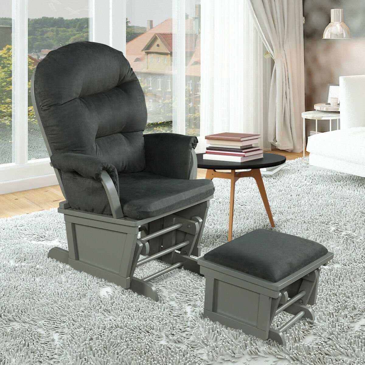 Wood Baby Glider and Ottoman Cushion Set with Padded Armrests for Nursing, Dark Gray Recliners   at Gallery Canada