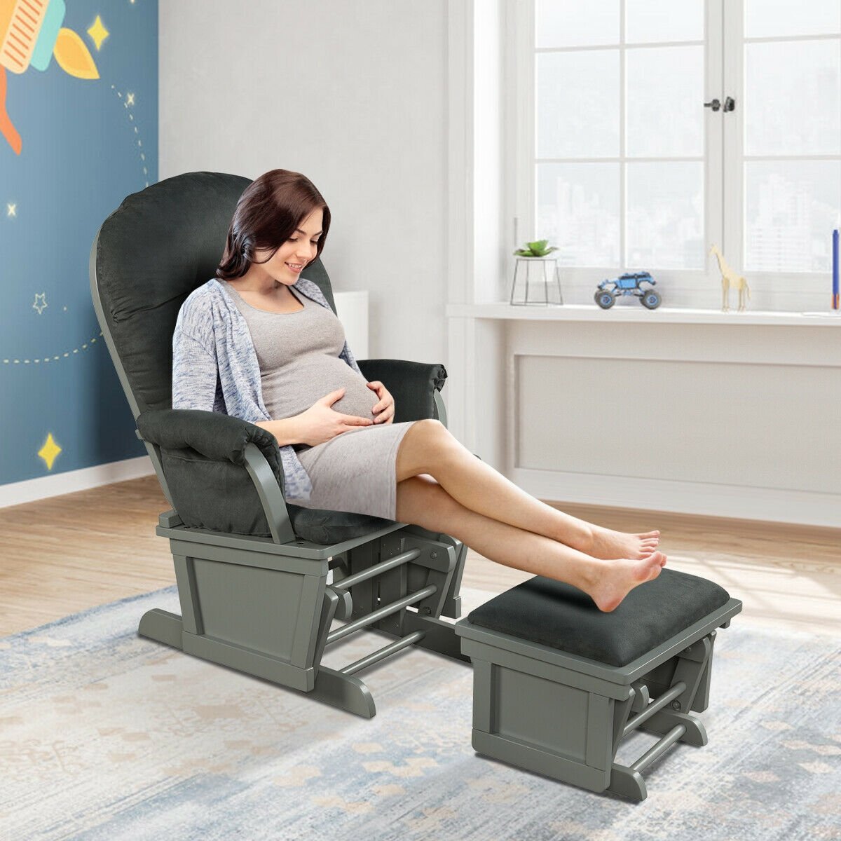 Wood Baby Glider and Ottoman Cushion Set with Padded Armrests for Nursing, Dark Gray Recliners   at Gallery Canada