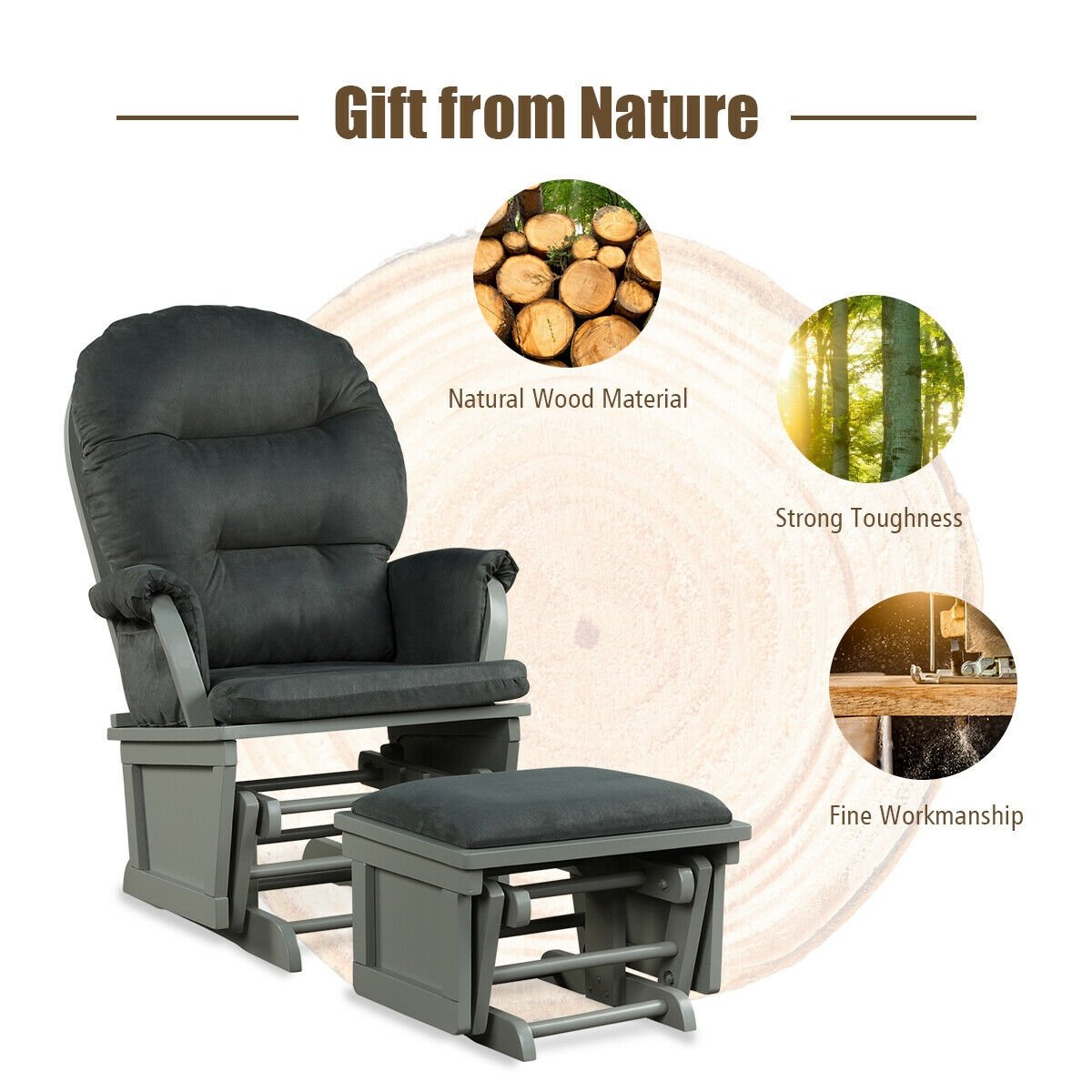 Wood Baby Glider and Ottoman Cushion Set with Padded Armrests for Nursing, Dark Gray Recliners   at Gallery Canada