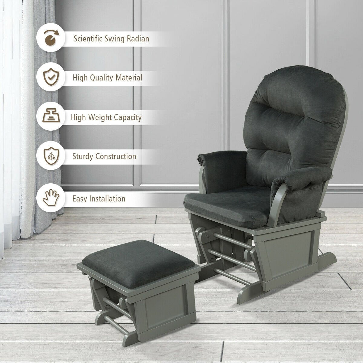 Wood Baby Glider and Ottoman Cushion Set with Padded Armrests for Nursing, Dark Gray Recliners   at Gallery Canada