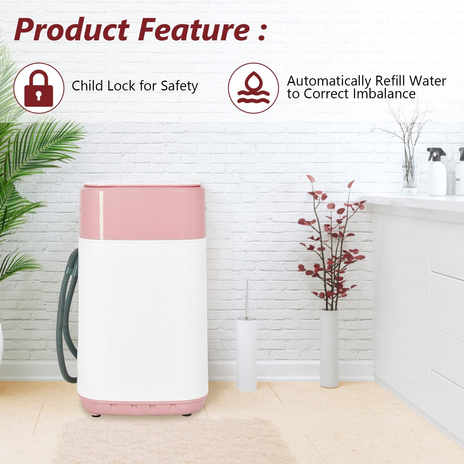 8lbs Portable Fully Automatic Washing Machine with Drain Pump, Pink Washing Machines   at Gallery Canada