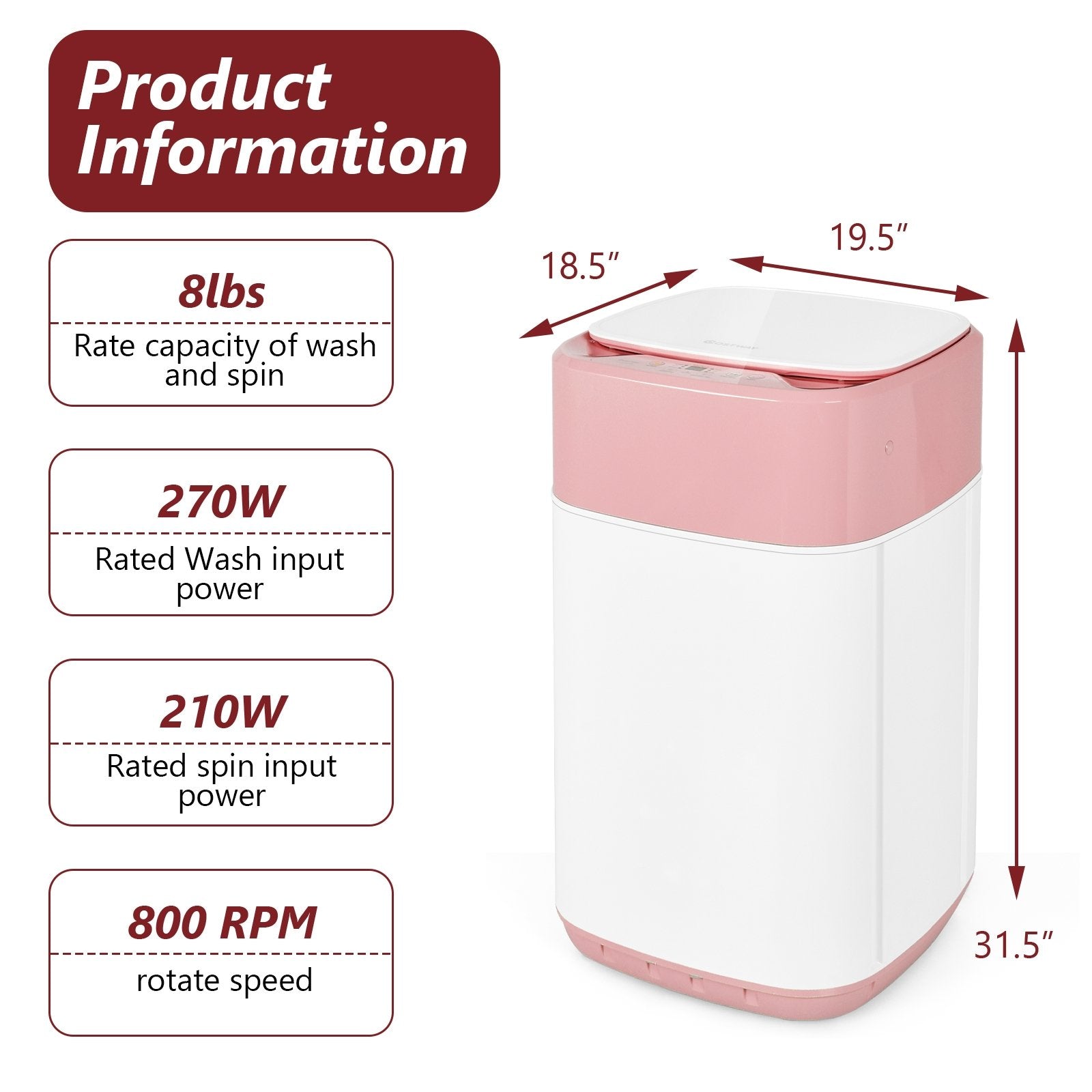 8lbs Portable Fully Automatic Washing Machine with Drain Pump, Pink Washing Machines   at Gallery Canada