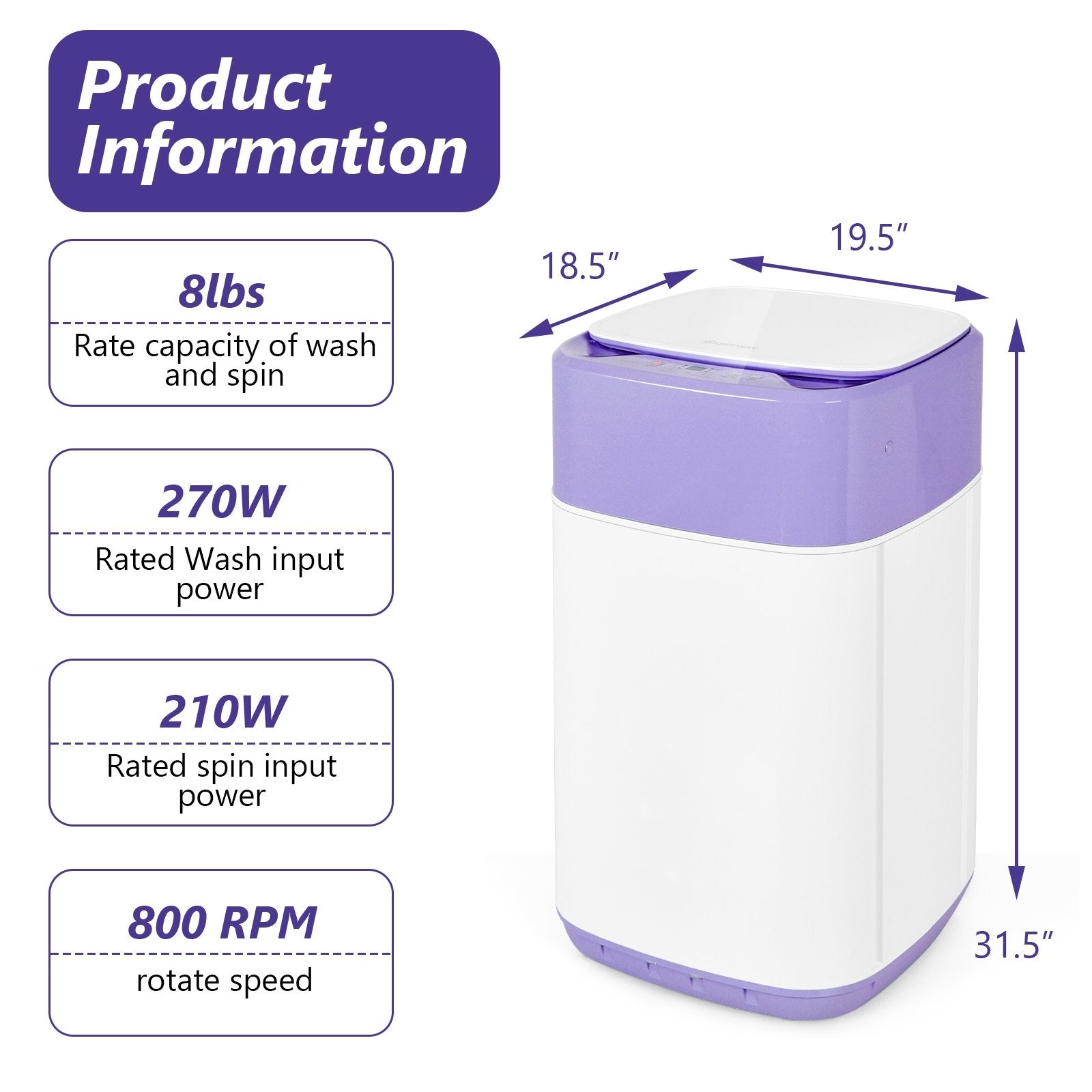 8lbs Portable Fully Automatic Washing Machine with Drain Pump, Purple Washing Machines   at Gallery Canada