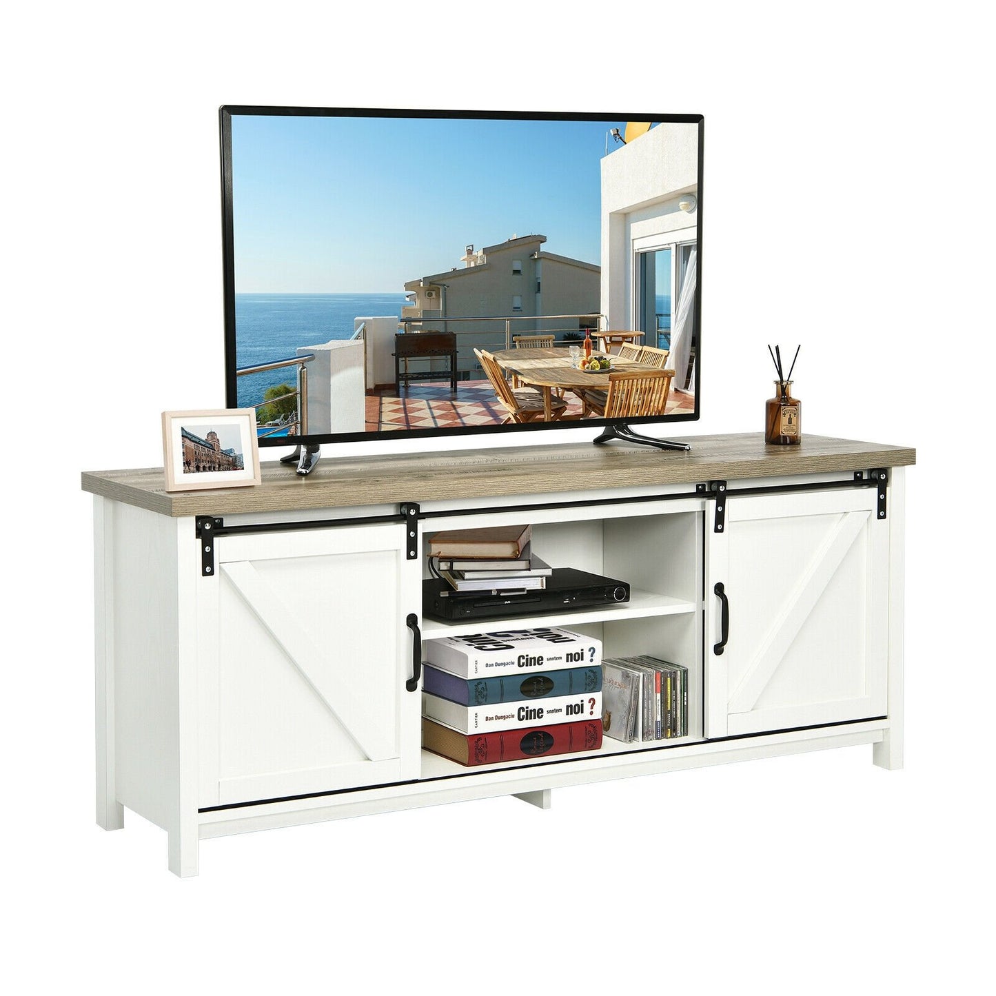 TV Stand Media Center Console Cabinet with Sliding Barn Door - White, White Entertainment Centers & TV Stands   at Gallery Canada