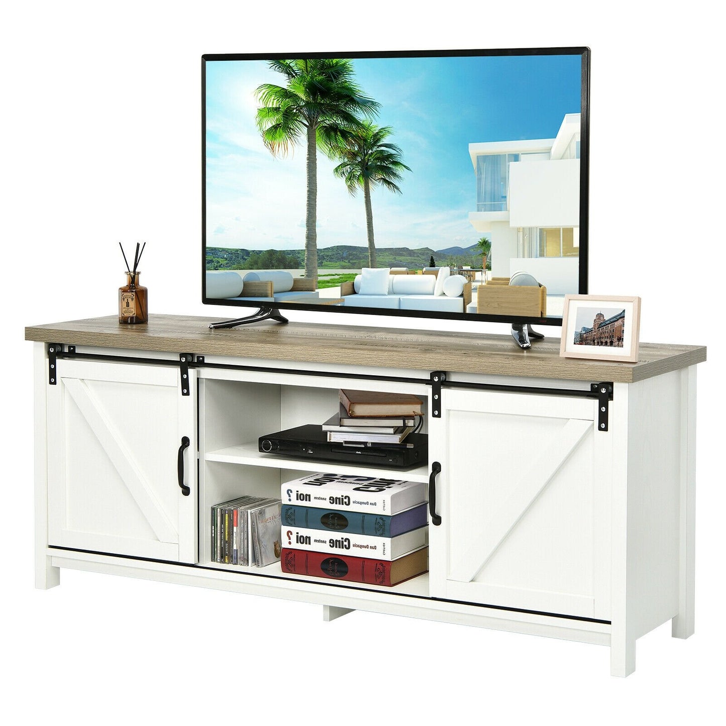 TV Stand Media Center Console Cabinet with Sliding Barn Door - White, White Entertainment Centers & TV Stands   at Gallery Canada