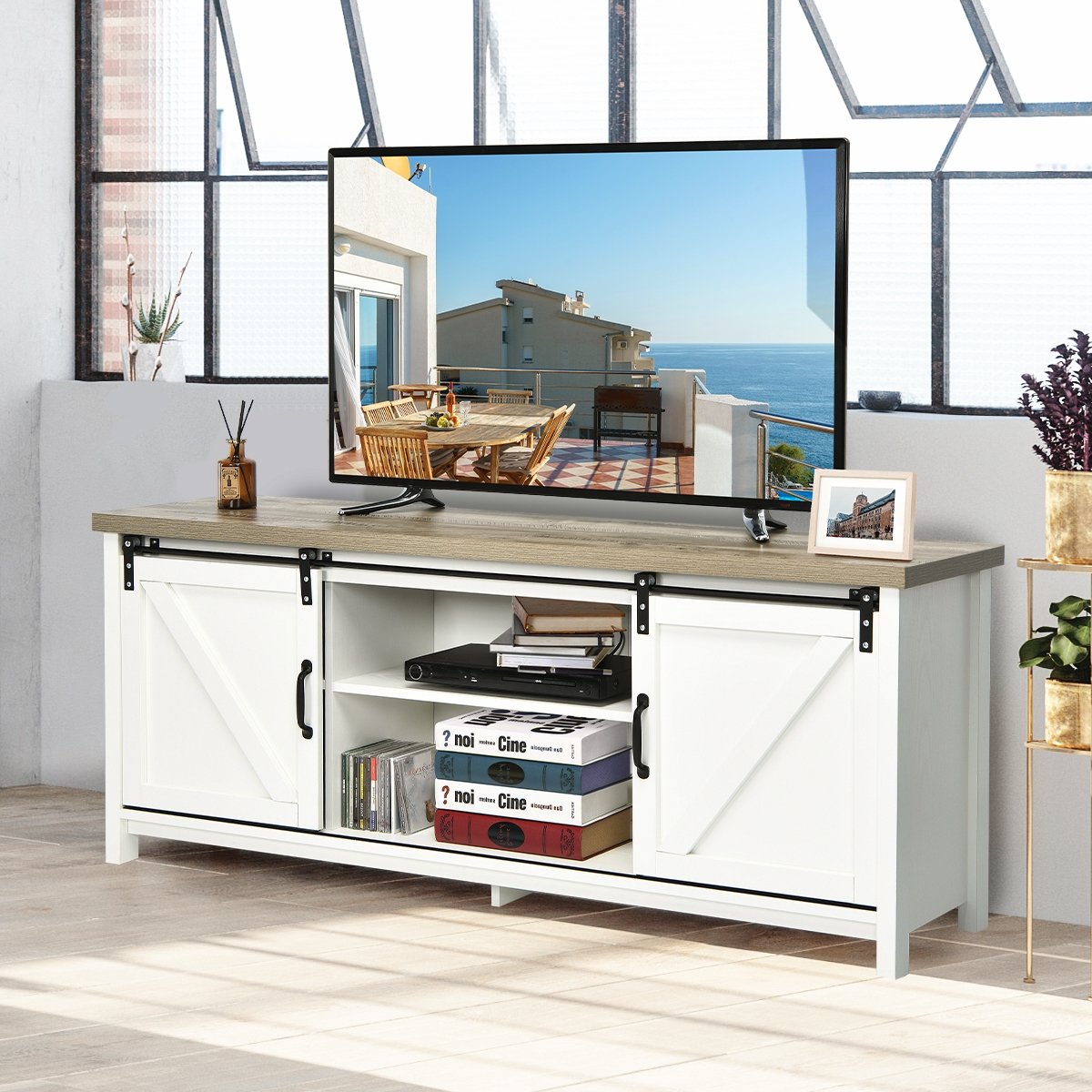 TV Stand Media Center Console Cabinet with Sliding Barn Door - White, White Entertainment Centers & TV Stands   at Gallery Canada