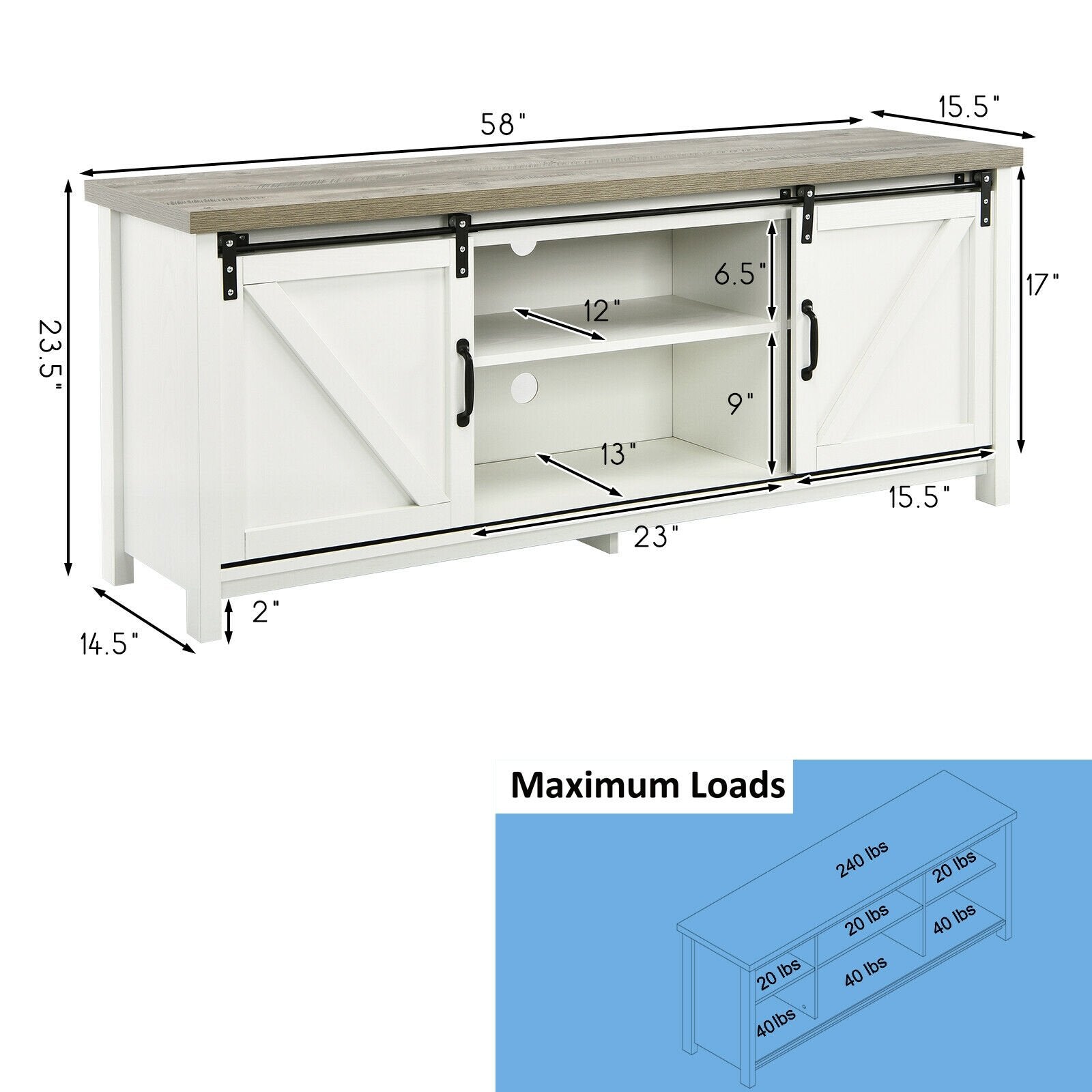 TV Stand Media Center Console Cabinet with Sliding Barn Door - White, White Entertainment Centers & TV Stands   at Gallery Canada