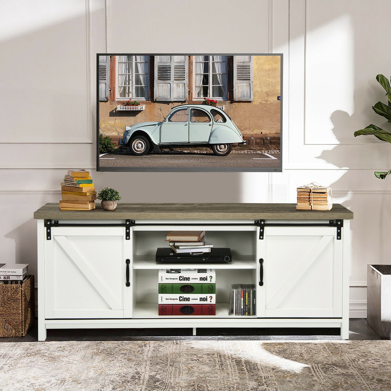 TV Stand Media Center Console Cabinet with Sliding Barn Door - White, White Entertainment Centers & TV Stands   at Gallery Canada