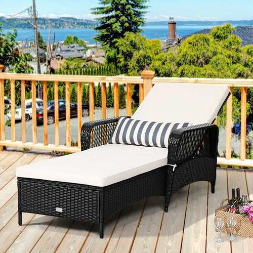 PE Rattan Armrest Chaise Lounge Chair with Adjustable Pillow, Black