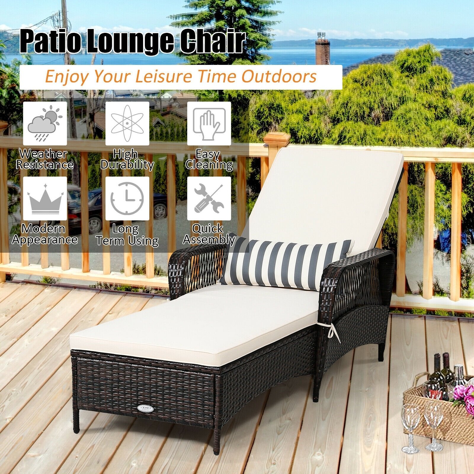 PE Rattan Chaise Lounge Chair Arm Chair Recliner Adjustable with Pillow, Brown Outdoor Chaise Lounges   at Gallery Canada