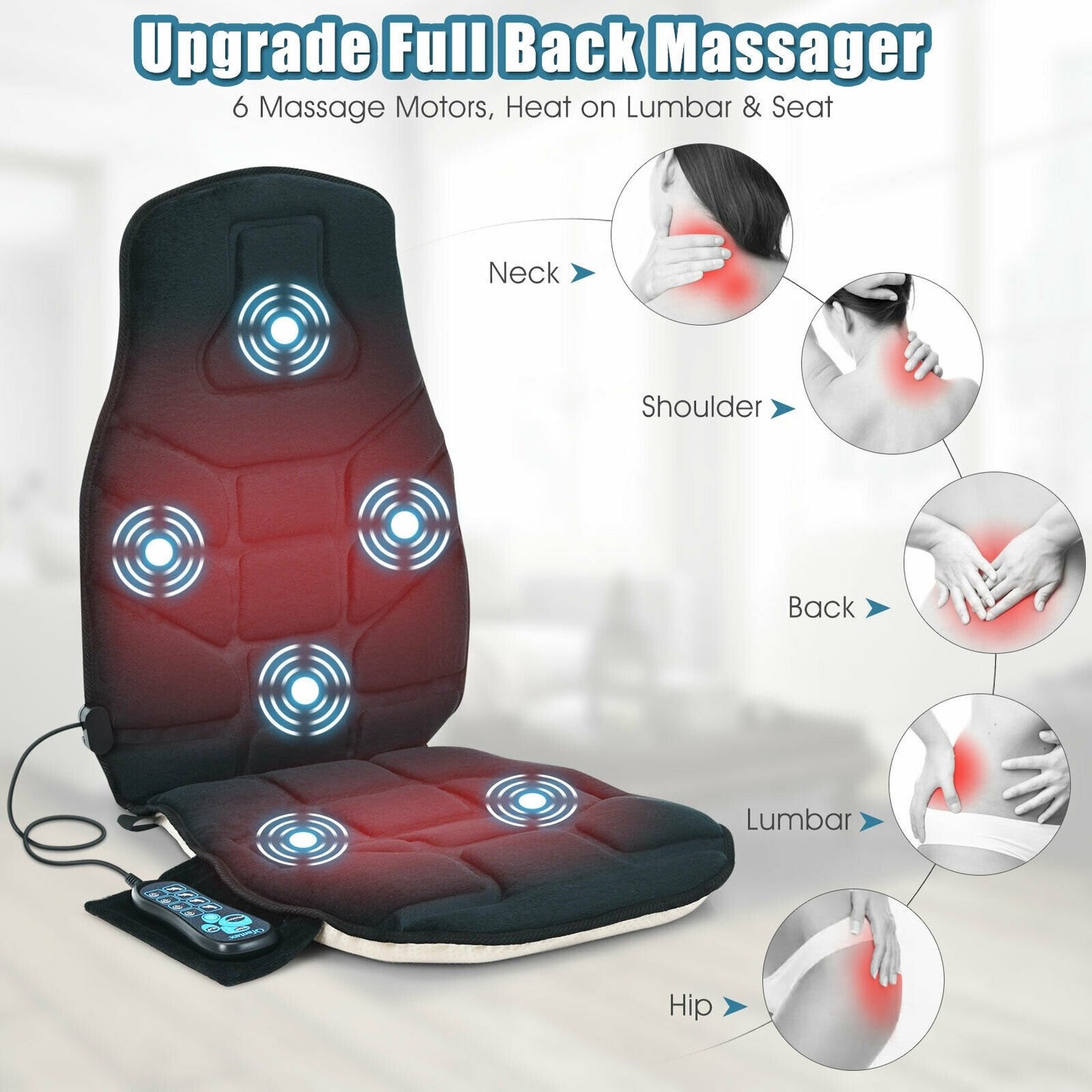 Seat Cushion Massager with Heat and 6 Vibration Motors for Home, Black Back Massager   at Gallery Canada