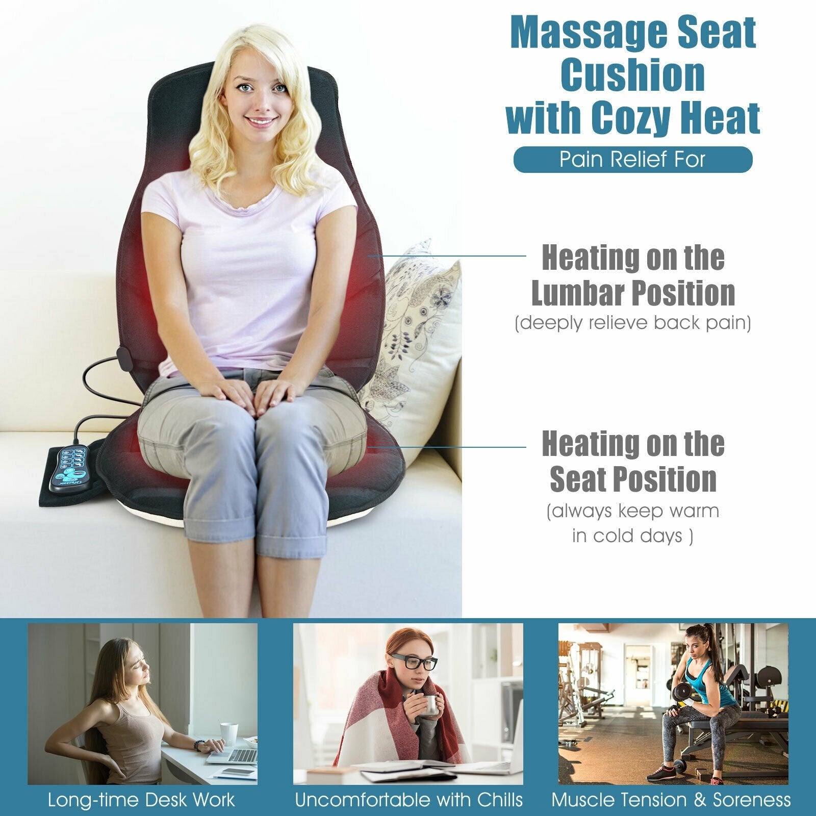 Seat Cushion Massager with Heat and 6 Vibration Motors for Home, Black Back Massager   at Gallery Canada