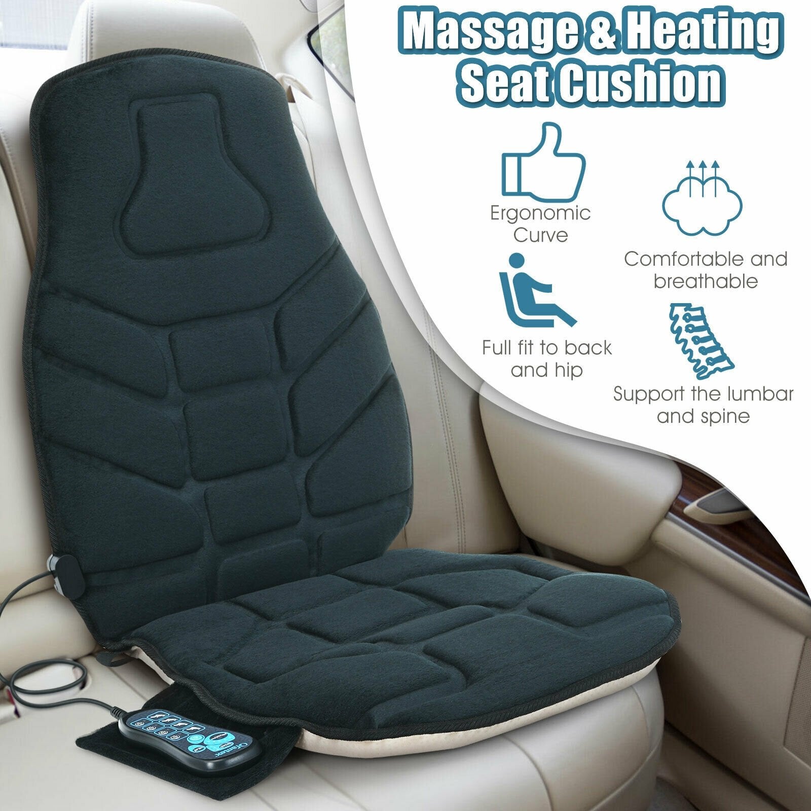 Seat Cushion Massager with Heat and 6 Vibration Motors for Home, Black Back Massager   at Gallery Canada