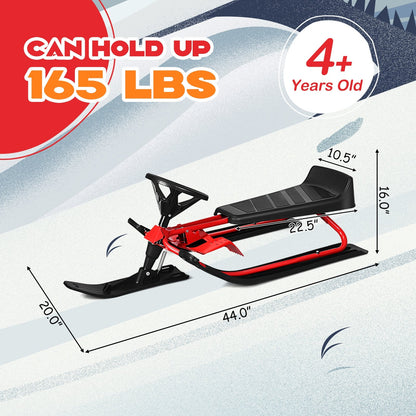 Kids Snow Sled with Steering Wheel and Double Brakes Pull Rope, Red - Gallery Canada