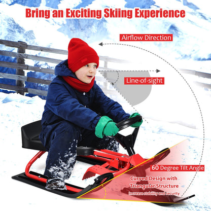 Kids Snow Sled with Steering Wheel and Double Brakes Pull Rope, Red - Gallery Canada