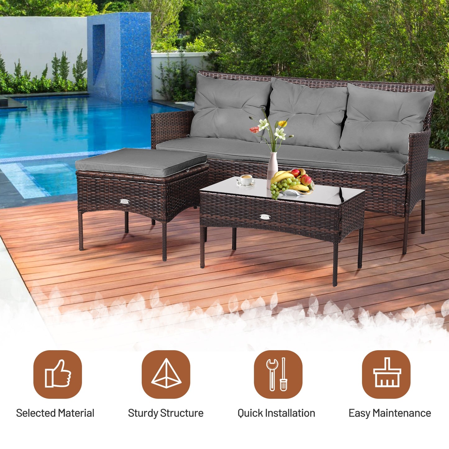 3 Pieces Patio Furniture Sectional Set with 5 Cozy Seat and Back Cushions, Gray Patio Conversation Sets   at Gallery Canada