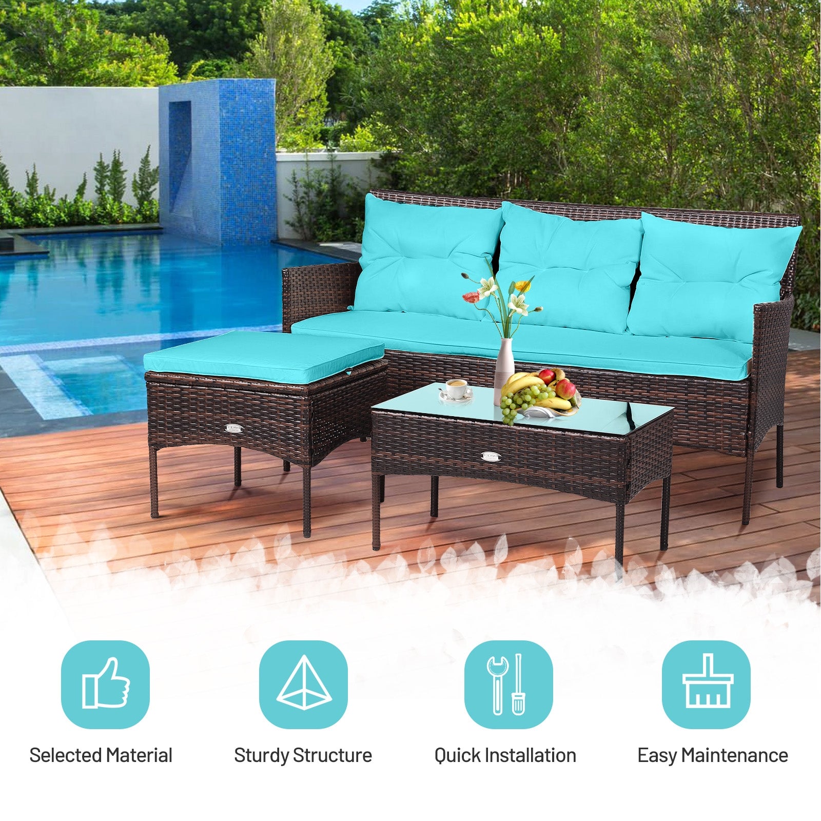 3 Pieces Patio Furniture Sectional Set with 5 Cozy Seat and Back Cushions, Turquoise Patio Conversation Sets   at Gallery Canada