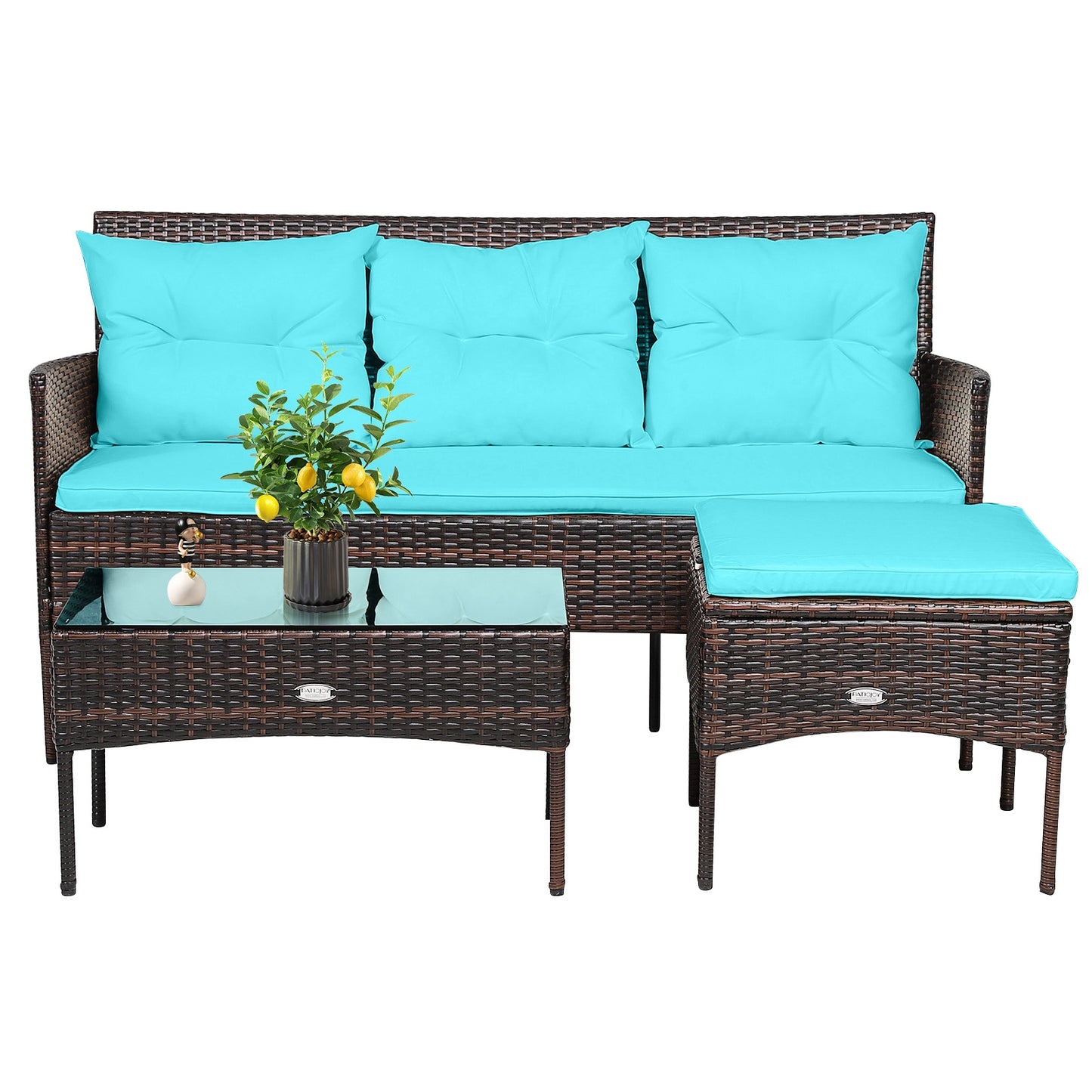 3 Pieces Patio Furniture Sectional Set with 5 Cozy Seat and Back Cushions, Turquoise Patio Conversation Sets   at Gallery Canada