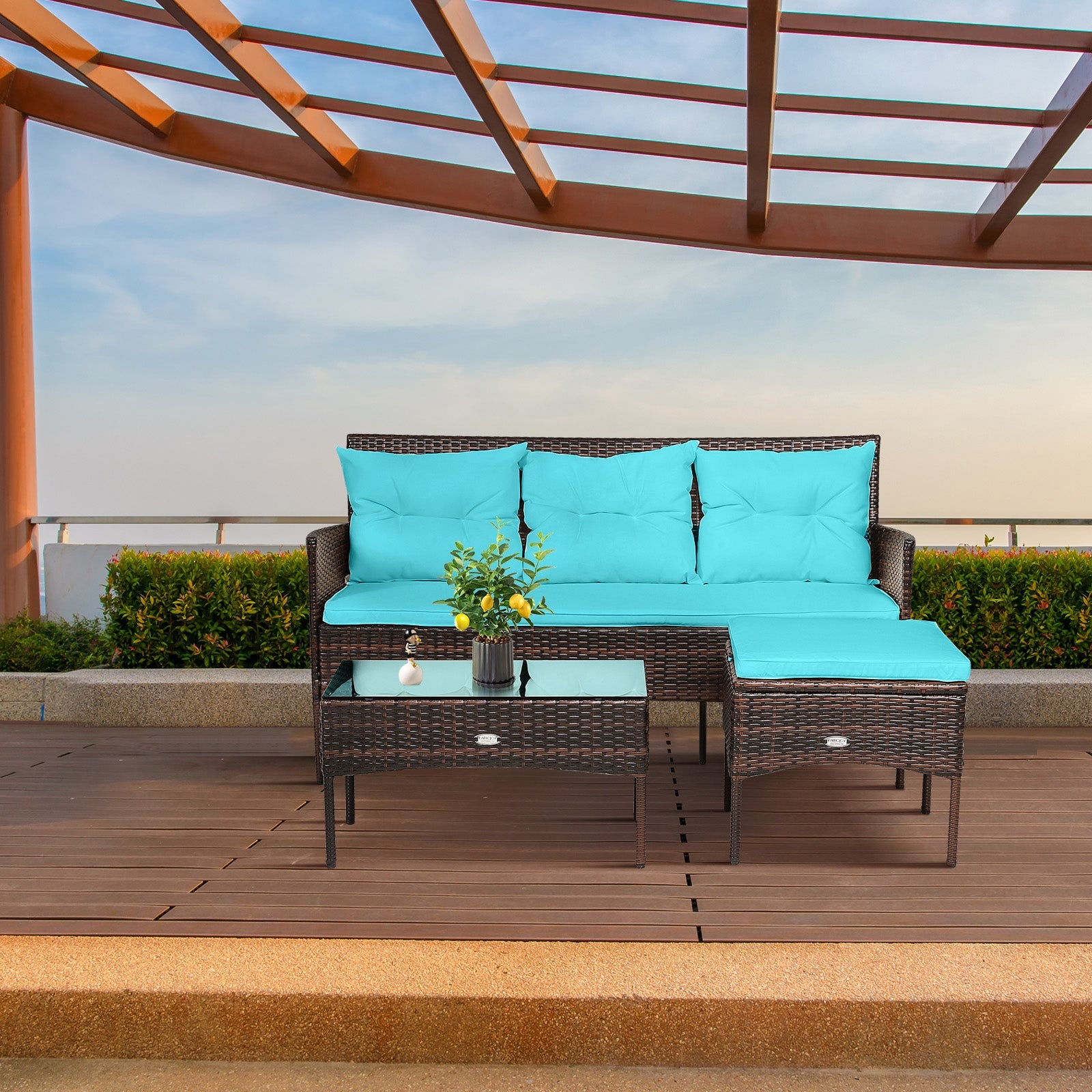 3 Pieces Patio Furniture Sectional Set with 5 Cozy Seat and Back Cushions, Turquoise Patio Conversation Sets   at Gallery Canada