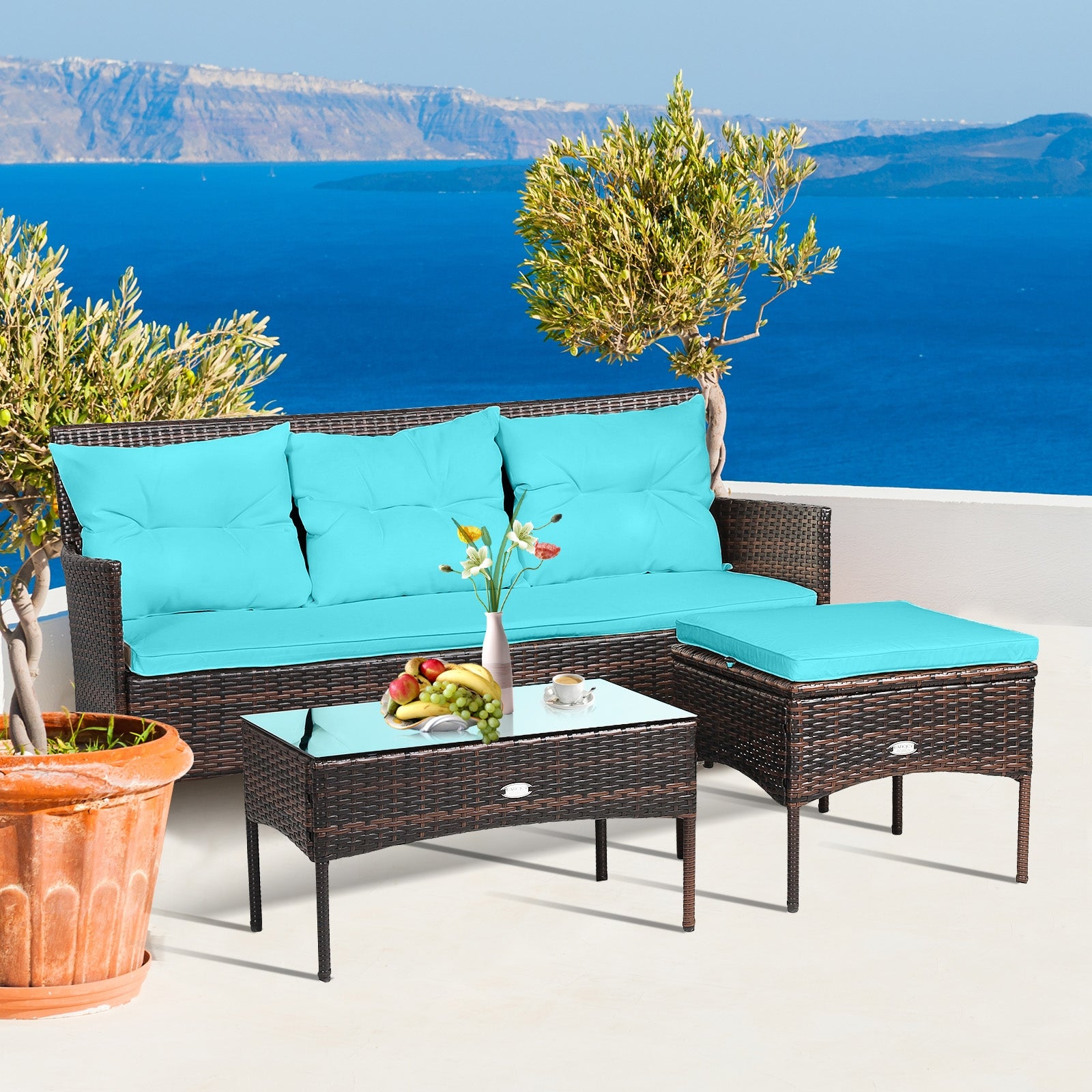 3 Pieces Patio Furniture Sectional Set with 5 Cozy Seat and Back Cushions, Turquoise Patio Conversation Sets   at Gallery Canada