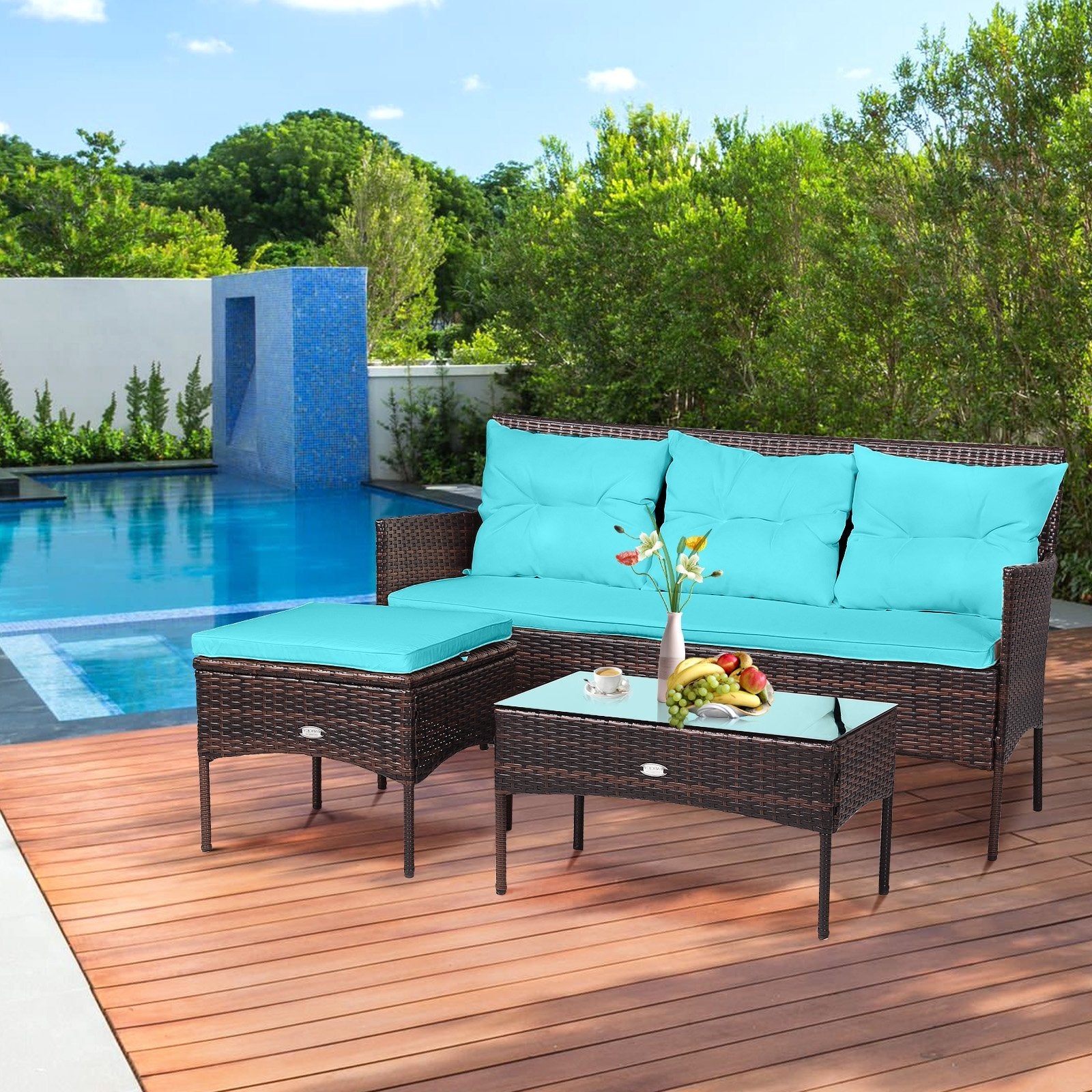 3 Pieces Patio Furniture Sectional Set with 5 Cozy Seat and Back Cushions, Turquoise Patio Conversation Sets   at Gallery Canada