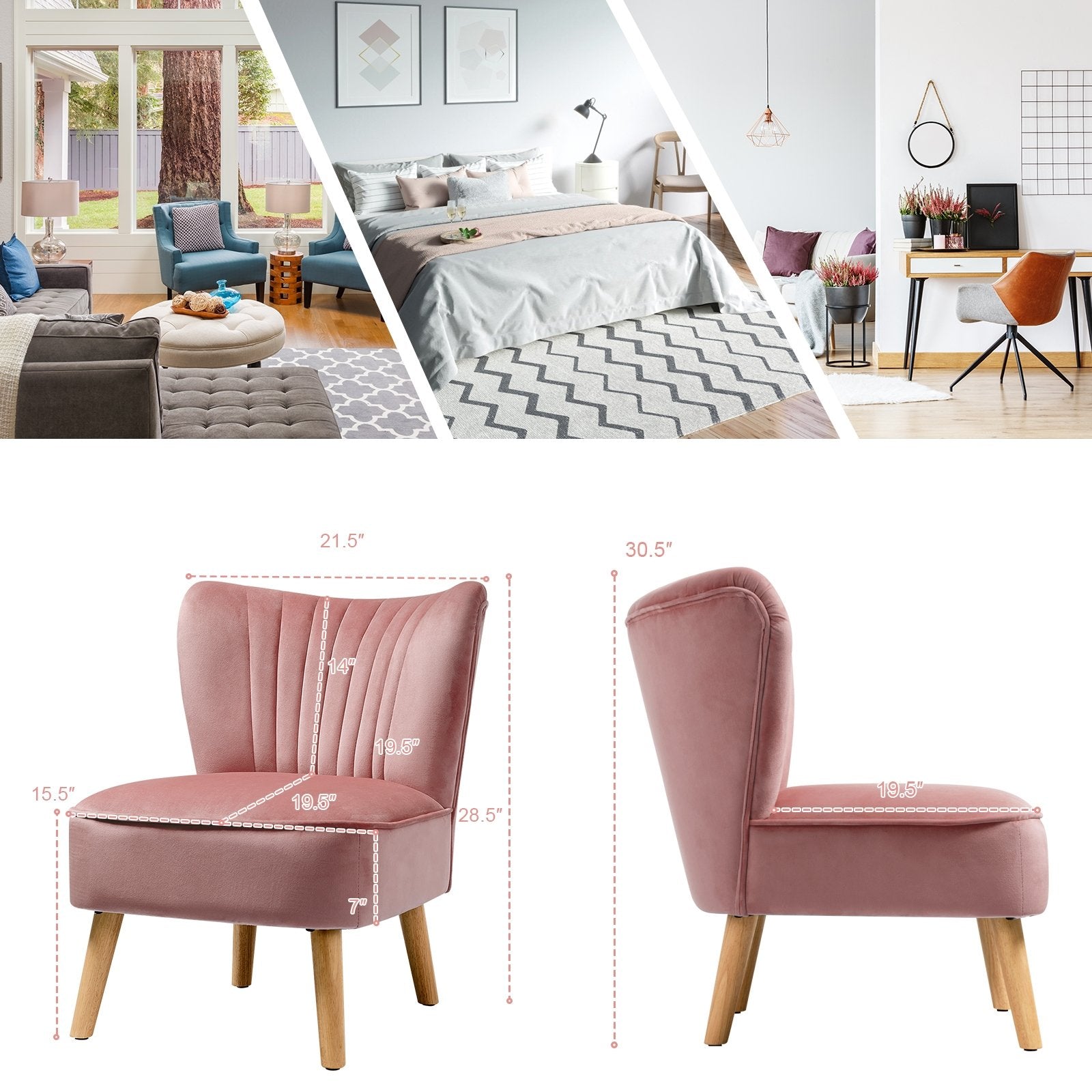 Modern Armless Velvet Accent Chair with Wood Legs, Pink Accent Chairs   at Gallery Canada