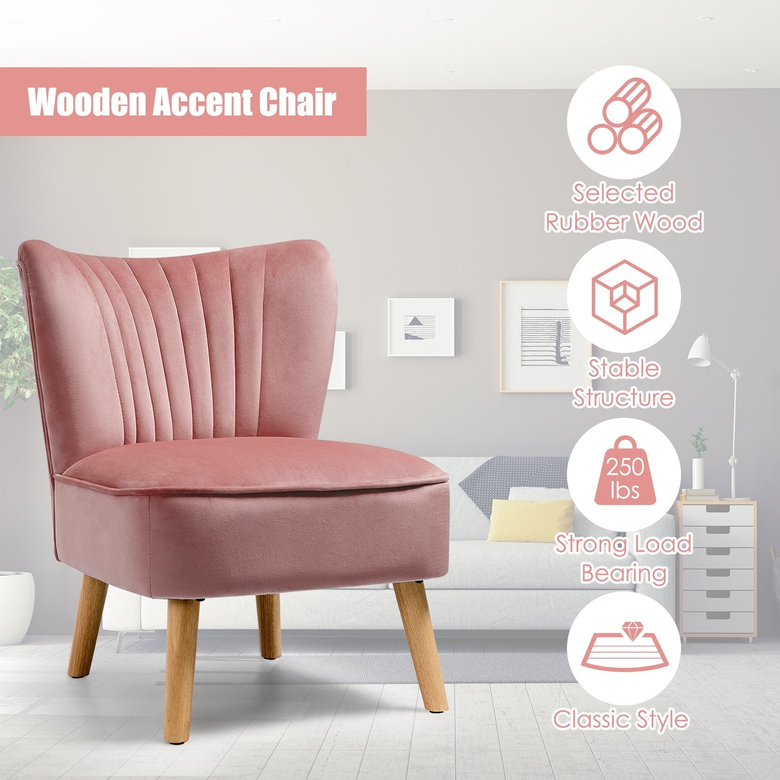 Modern Armless Velvet Accent Chair with Wood Legs, Pink Accent Chairs   at Gallery Canada