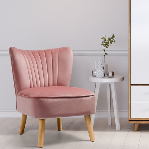 Modern Armless Velvet Accent Chair with Wood Legs, Pink