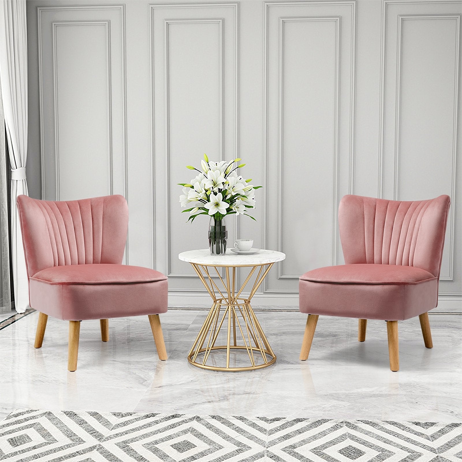 Modern Armless Velvet Accent Chair with Wood Legs, Pink Accent Chairs   at Gallery Canada