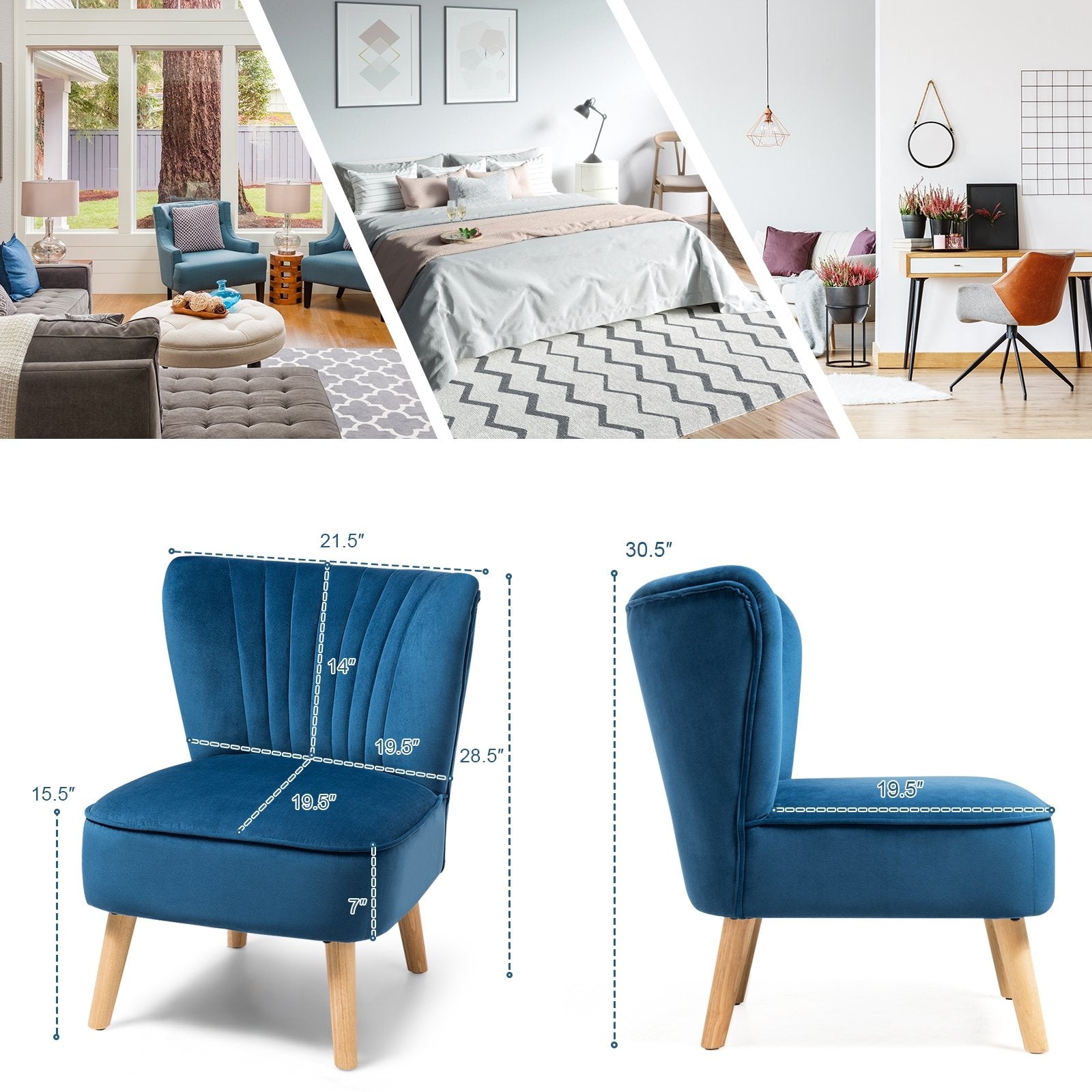 Modern Armless Velvet Accent Chair with Wood Legs, Blue Accent Chairs   at Gallery Canada