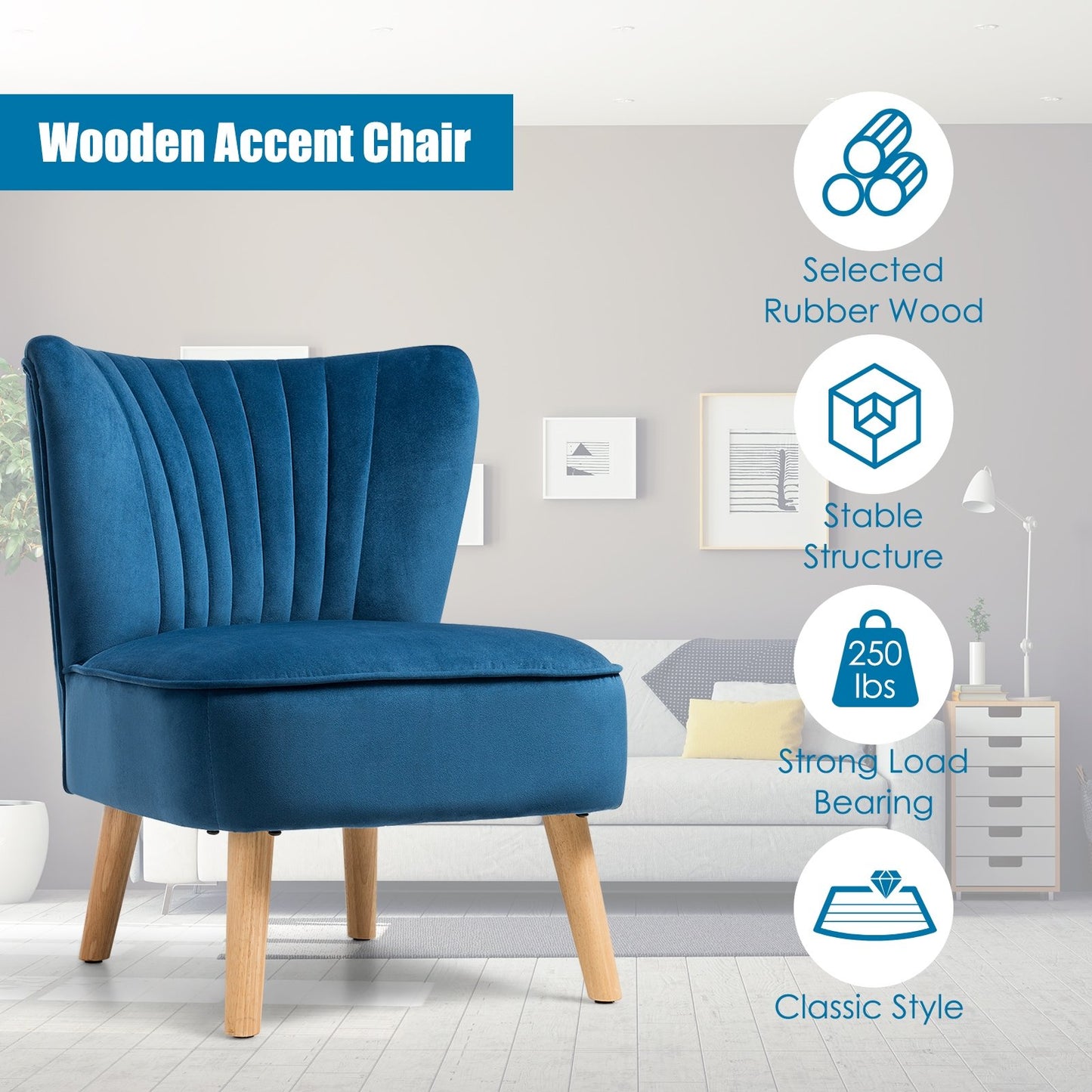 Modern Armless Velvet Accent Chair with Wood Legs, Blue Accent Chairs   at Gallery Canada