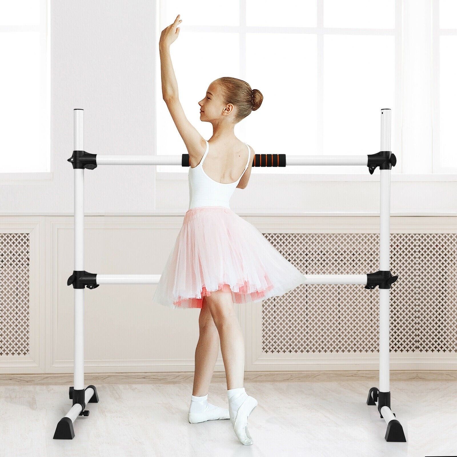 4 Feet Portable Freestanding Stable Construction Pilates Ballet Barre with Double Dance Bar, Gray Yoga Accessories   at Gallery Canada